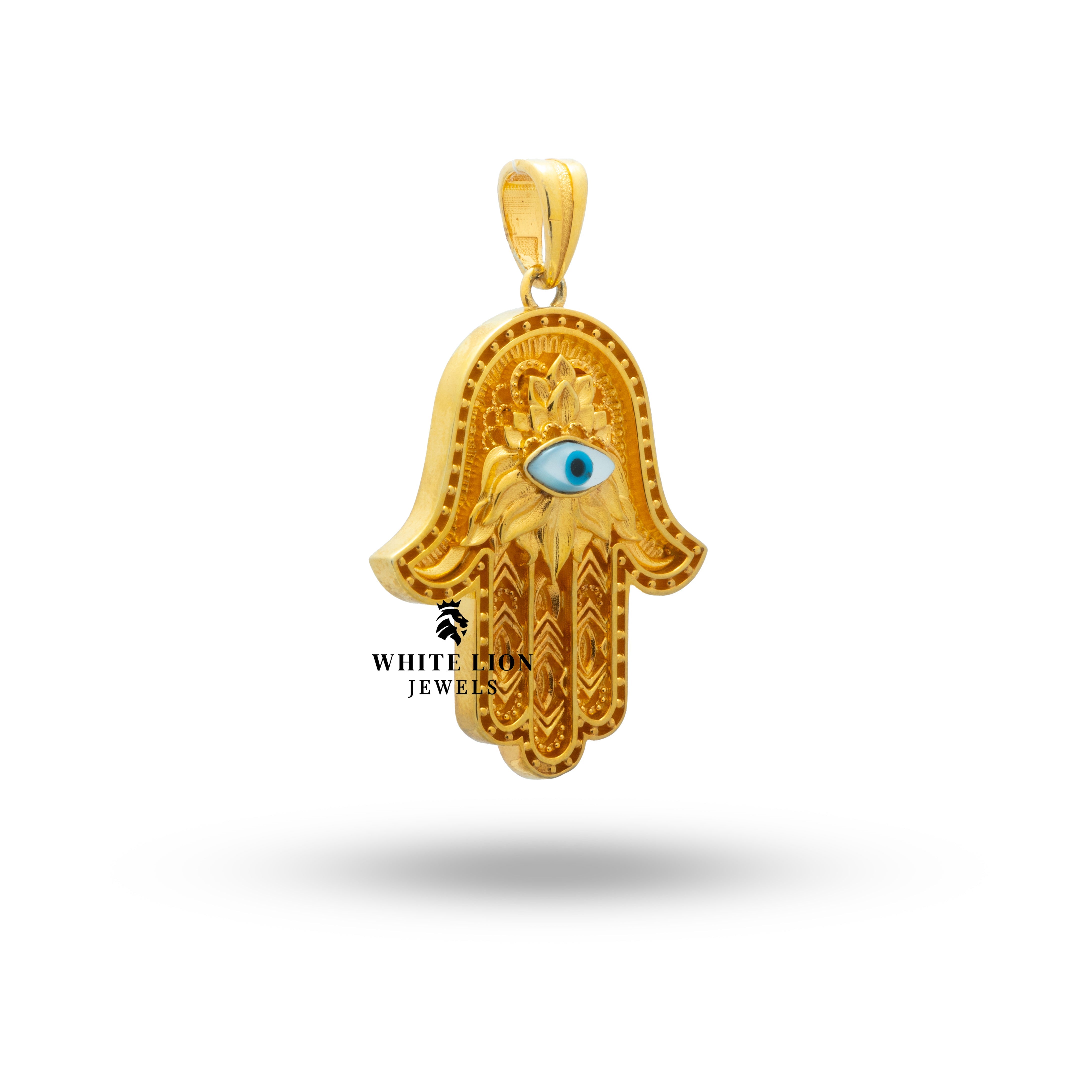 Front view of Hamsa Hand of Fatima Evil Eye Gold Plated Sterling Silver Pendant showcasing intricate design.