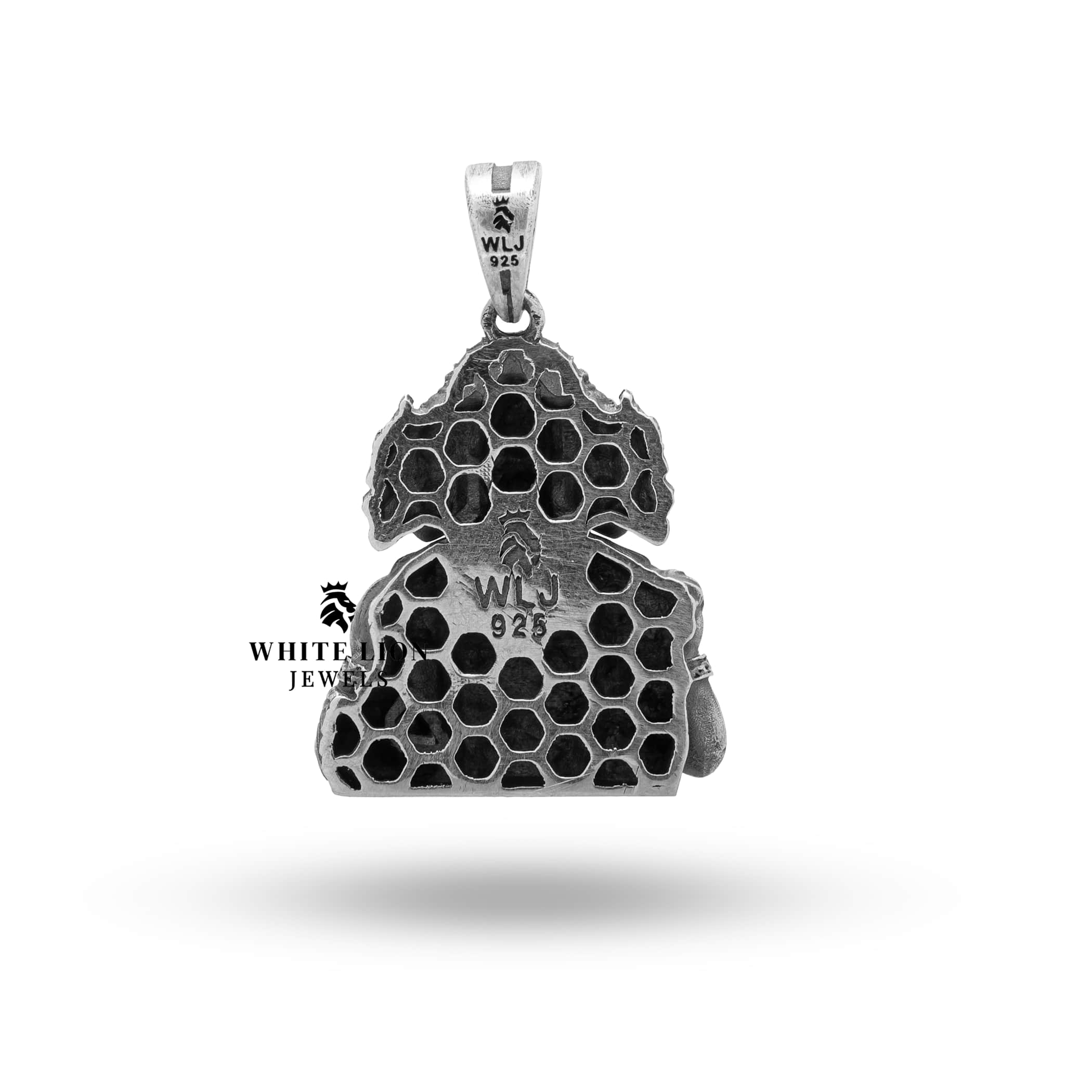 The backside of Panchmukhi Hanuman pendant made in 925 sterling silver showing the smooth finish and hallmark.