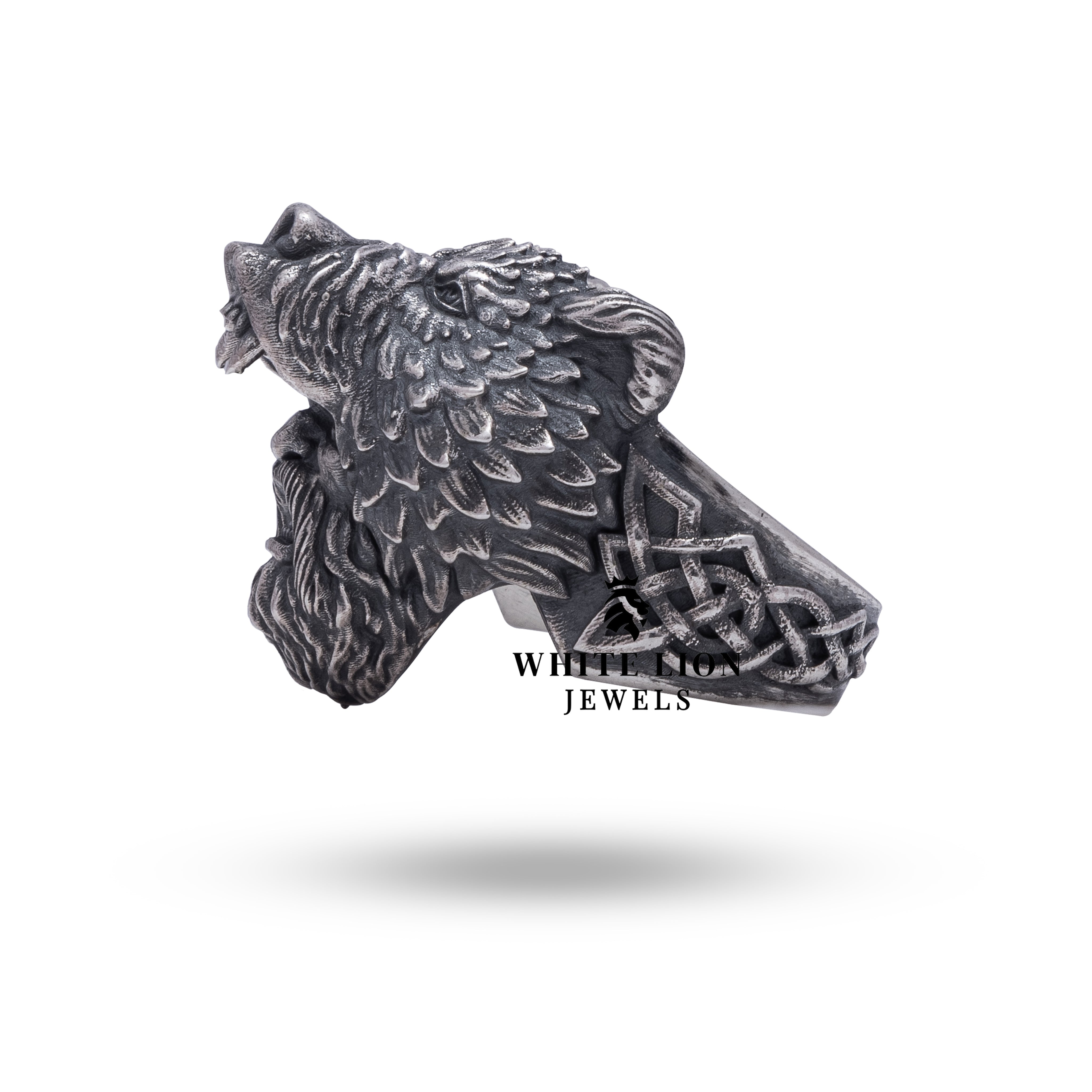 Full view of Warrior Bear ring with Viking theme, crafted in oxidized silver, showing nickel-free quality.