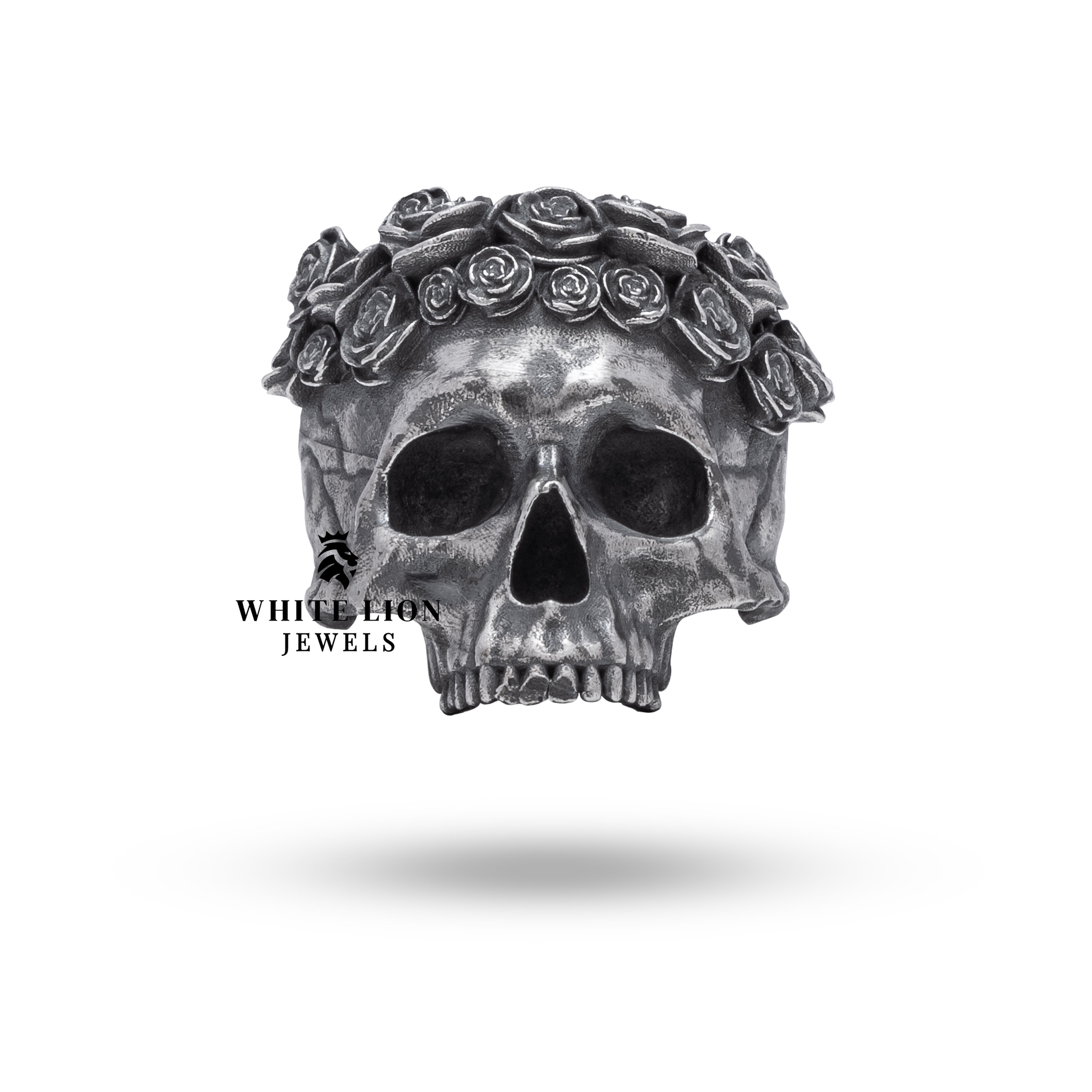Close-up of Gothic Half Jaw Roses Skull Ring showing oxidized silver texture and design details