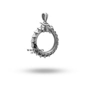 Sterling Silver Ouroboros Dragon Pendant, round shape with intricate detailing, exclusive design by White Lion Jewels.