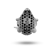 Goddess Durga Mahadevi Silver Brooch elegantly pinned on a dress, enhancing style.