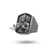 Oxidized silver Panchmukhi Hanuman ring, handcrafted for religious ceremonies and spiritual devotion.