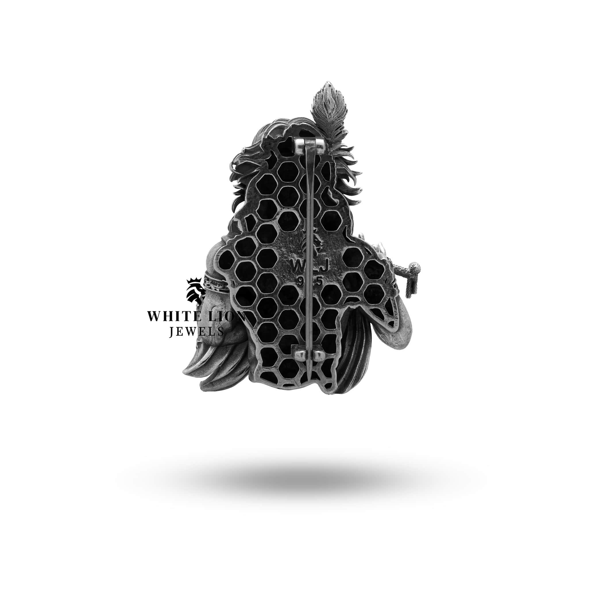 Detailed view of Krishna Vishnu flute brooch in sterling silver, emphasizing the artisanal quality and spiritual motif.