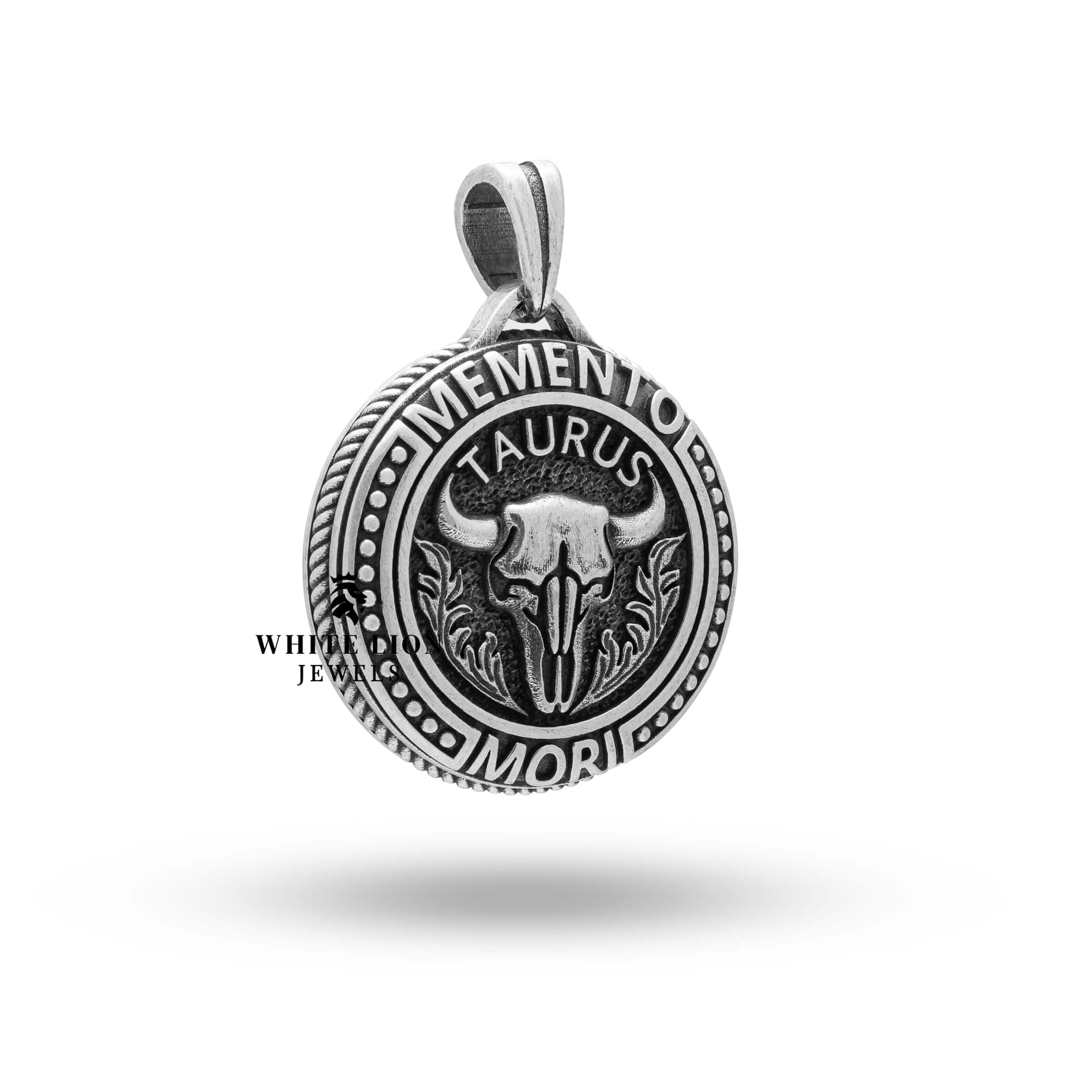 Side view of Memento Mori Skull Taurus Bull Pendant in Oxidized Silver