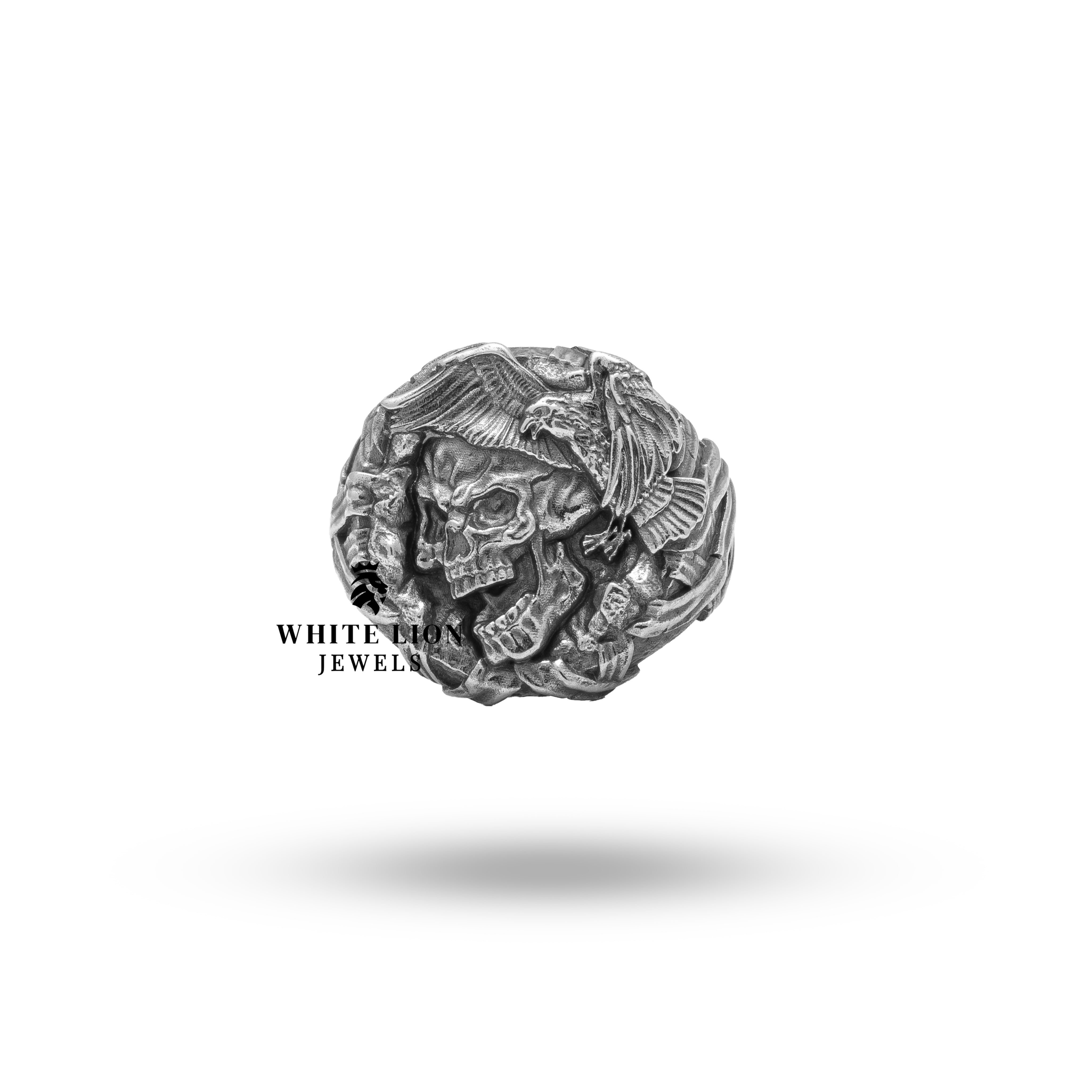 Angled view showing intricate design of Gothic Skull Eagle Men Ring in oxidized silver.