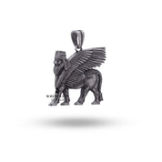Side view of Assyrian Lamassu 925 Silver Pendant highlighting its artistry and oxidized finish.