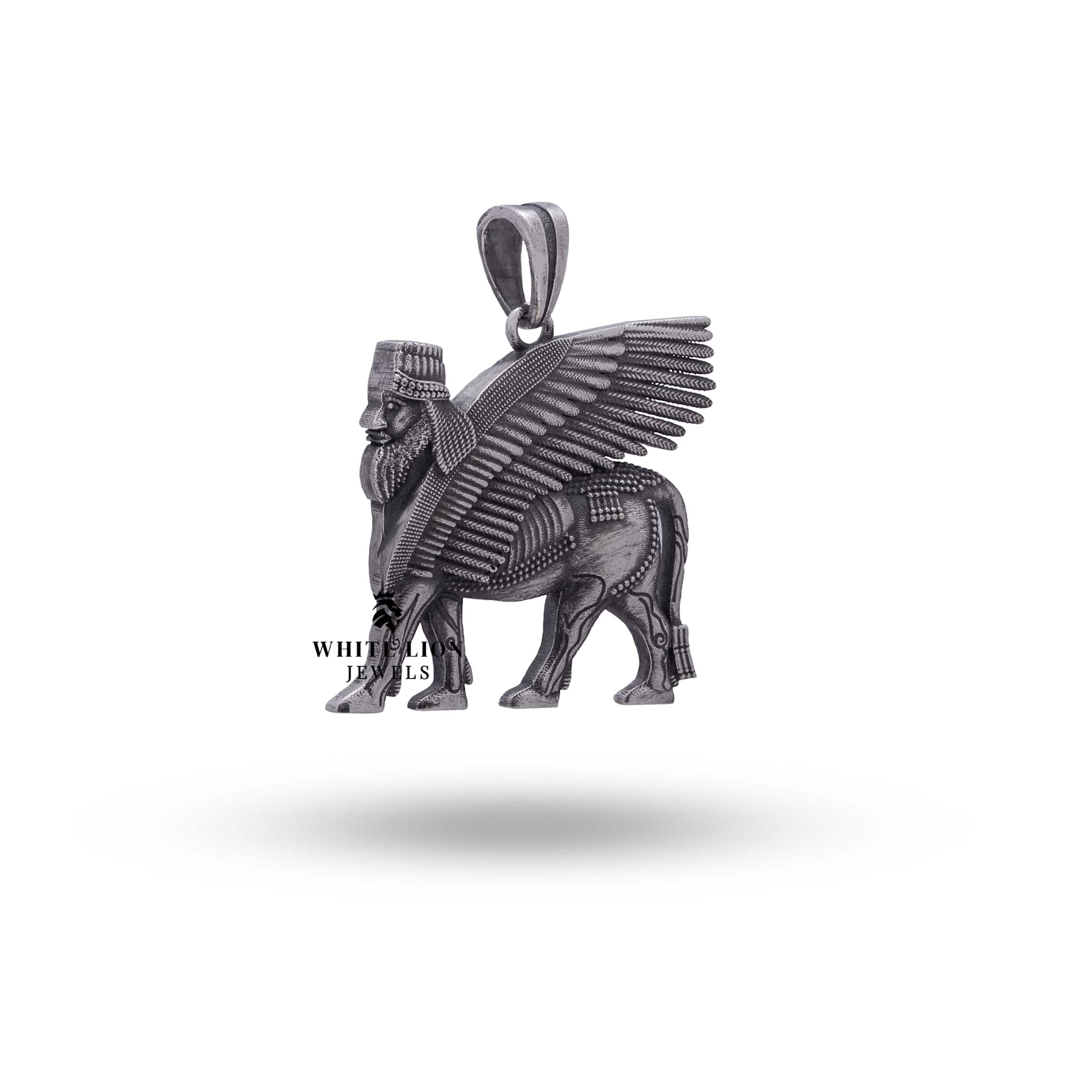 Side view of Assyrian Lamassu 925 Silver Pendant highlighting its artistry and oxidized finish.
