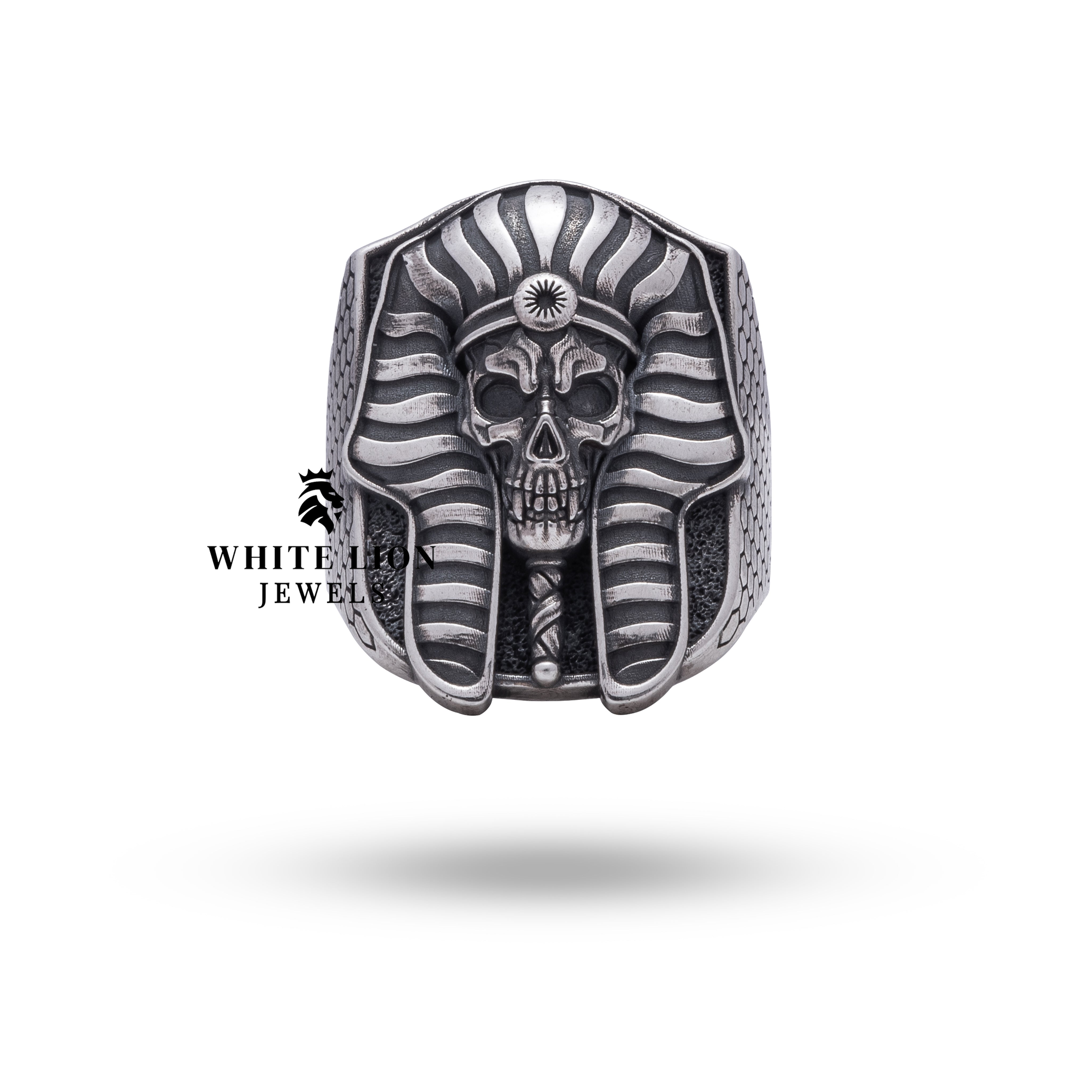 Close-up of intricate details on the Pharaoh Egyptian Mummy sterling silver ring