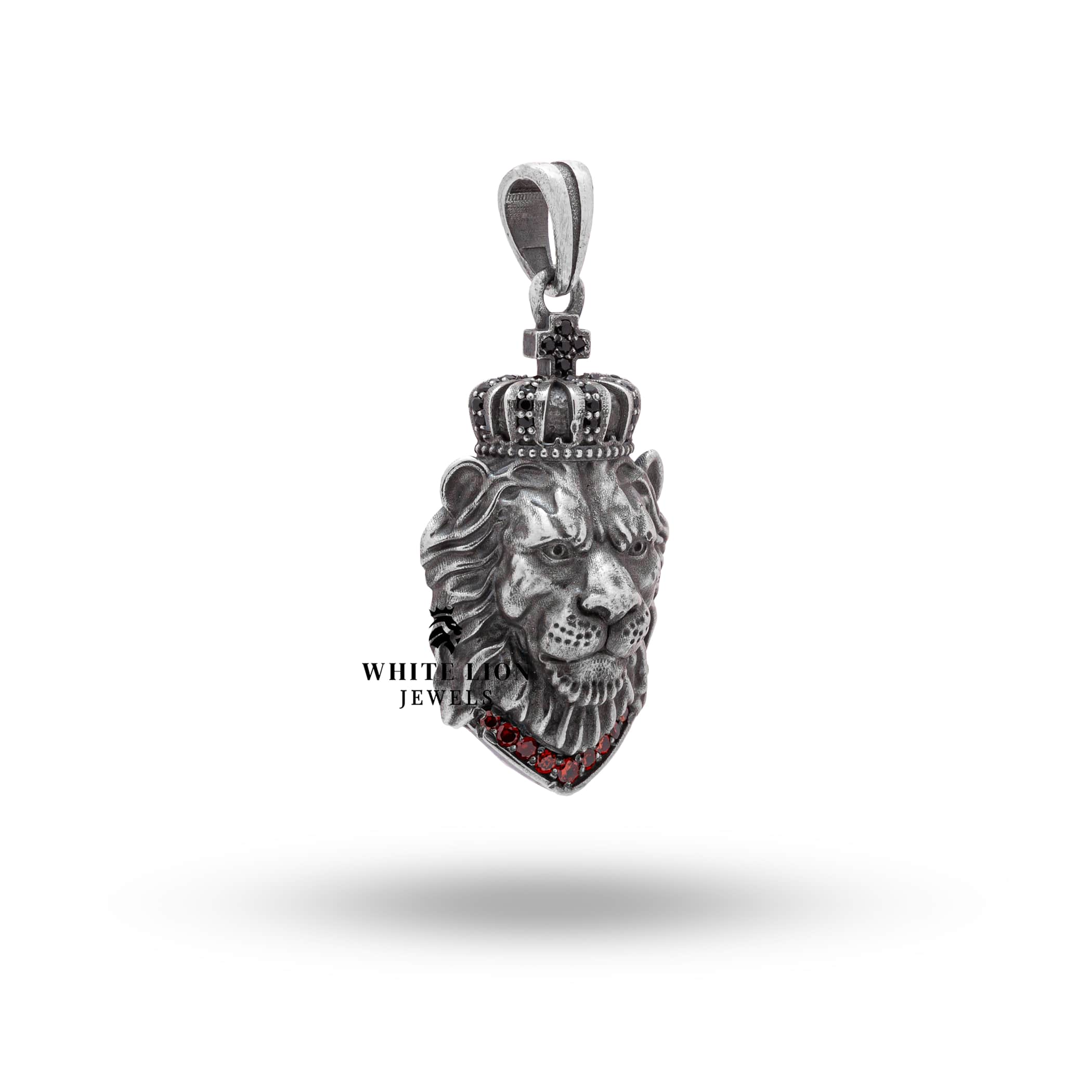 Angled view showcasing the intricate design of the Calm Lion King Crown Jungle Animal Pendant with black cubic zirconia.