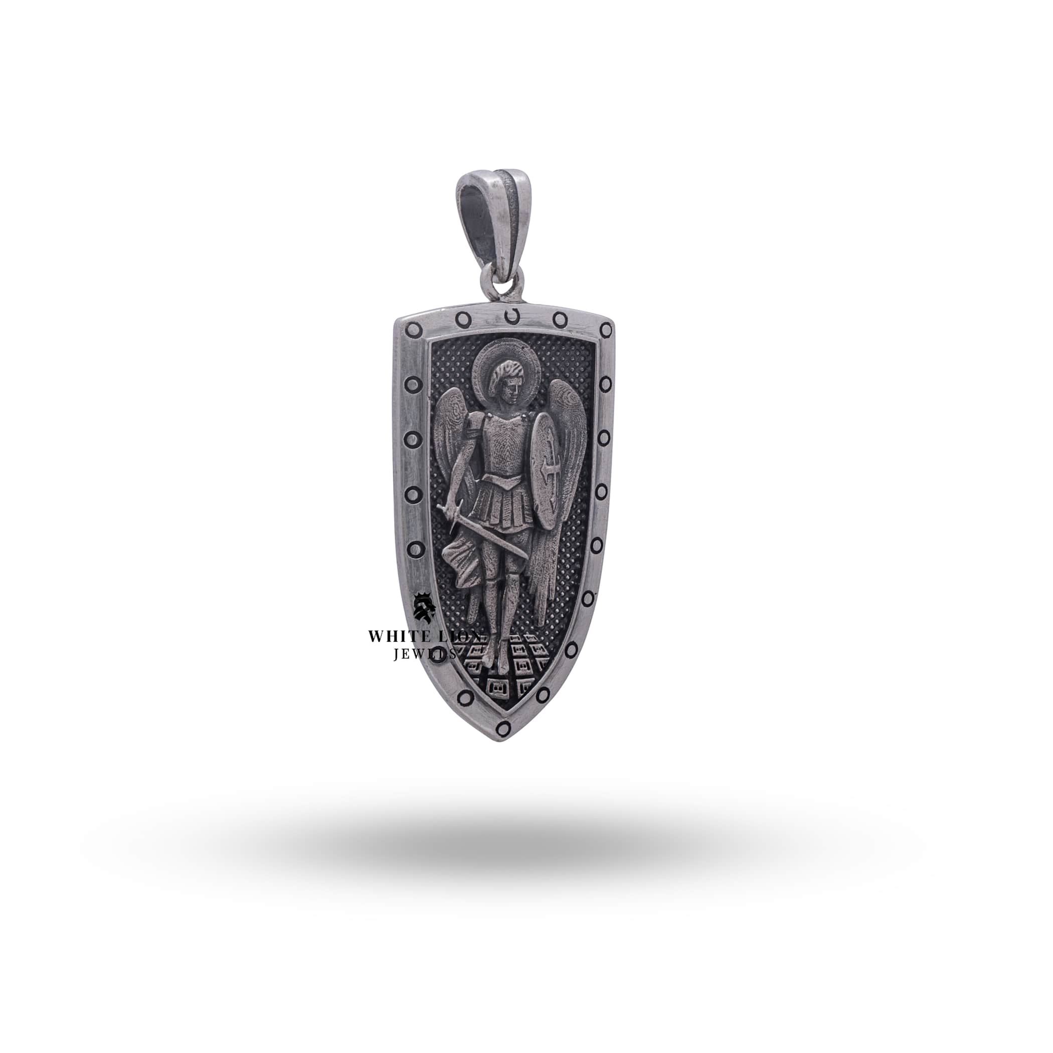 Close-up of detailed St Michael design on 925 Sterling Silver Pendant, nickel-free.