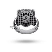 Detailed view of the handcrafted design and oxidized finish on the Wolf Head 925 Sterling Silver Ring.