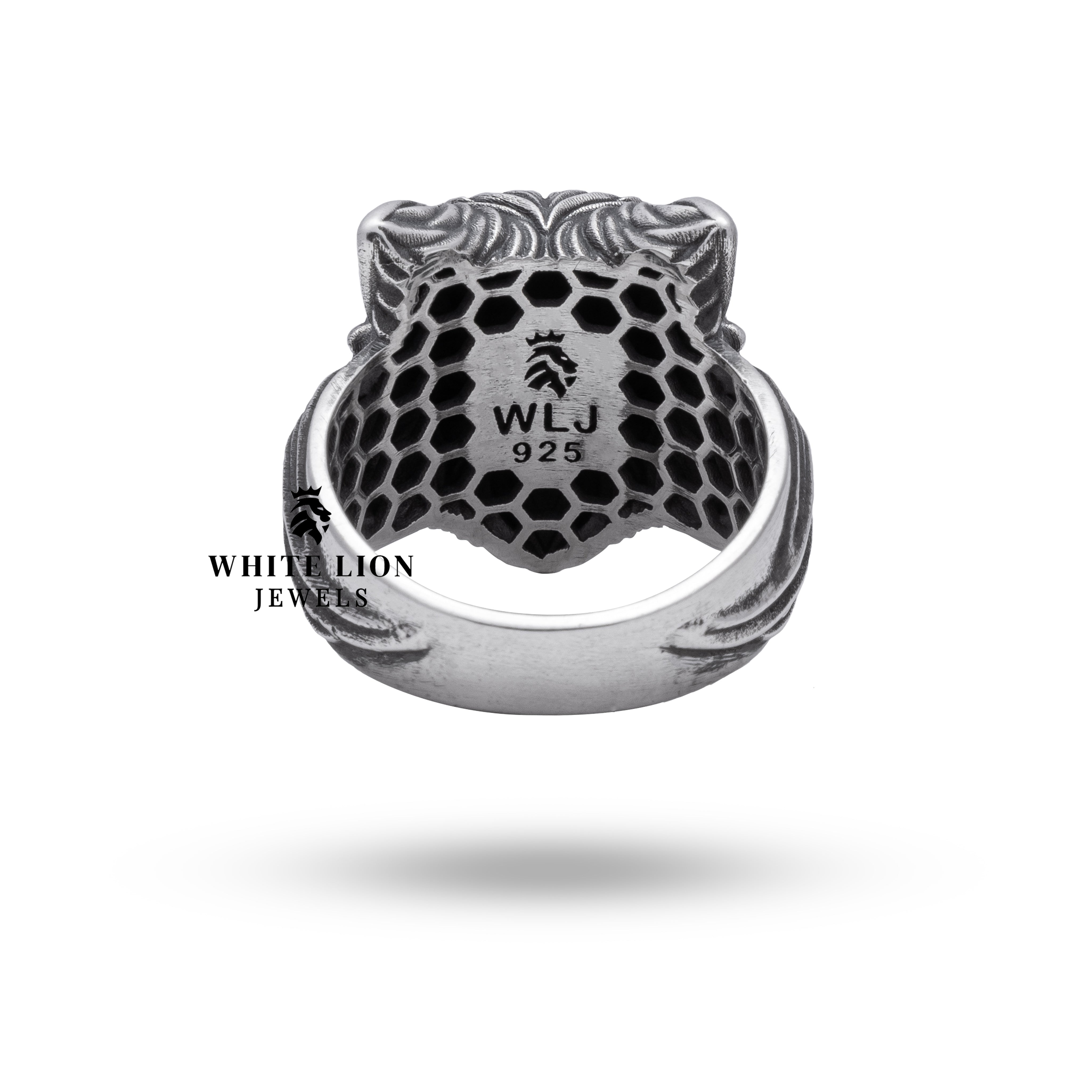Detailed view of the handcrafted design and oxidized finish on the Wolf Head 925 Sterling Silver Ring.