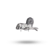 Close-up of the intricate details of the expressive lion shoulder brooch in 925 sterling silver.