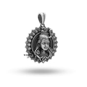 Detailed artistry of the Lord Shiva Silver Pendant with a sacred third eye, fine oxidation finish, and protective coating.