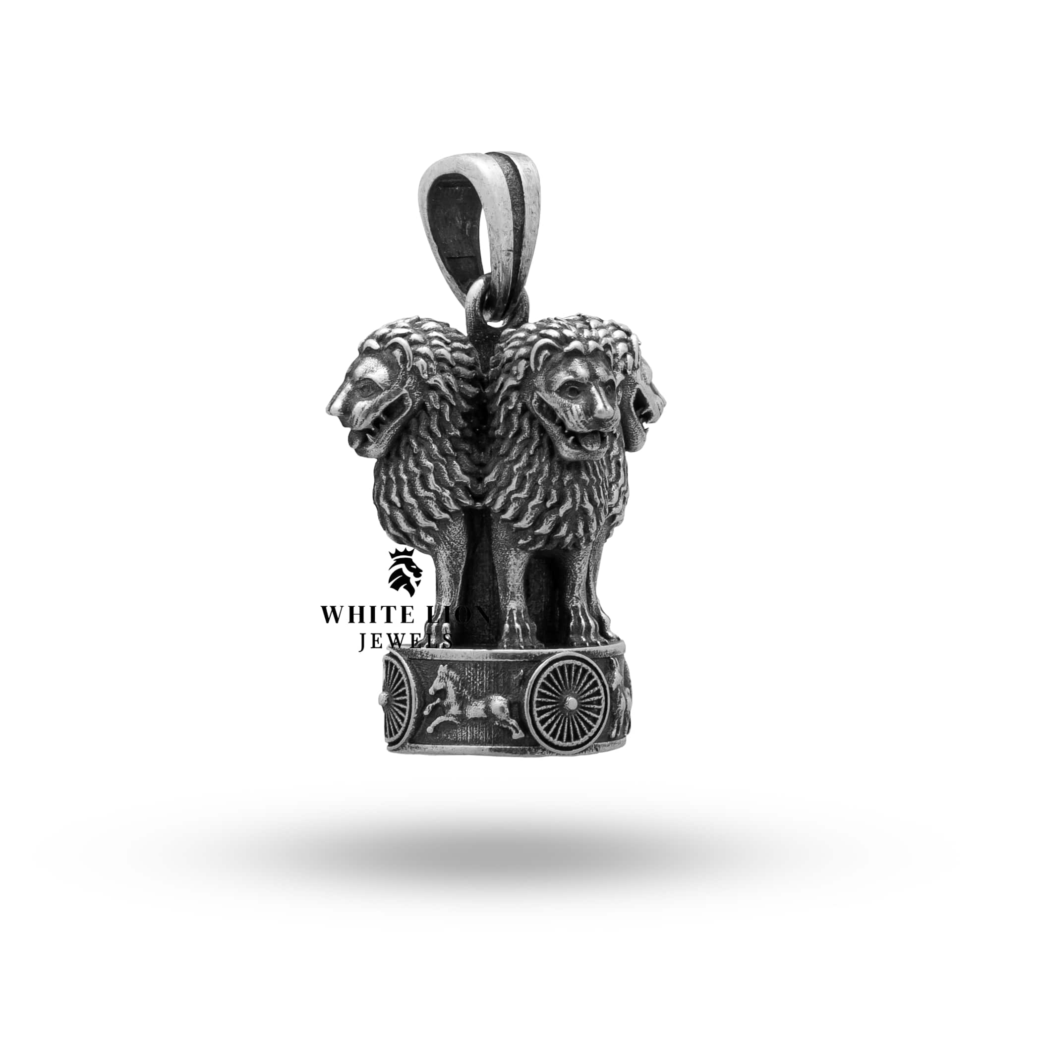 Close-up of 925 Sterling Silver Ashok Stambh Lion Pendant showing intricate details