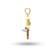 Styled image of Hamsa Hand of Fatima Evil Eye Pendant paired elegantly on mannequin.