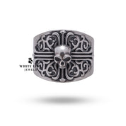 Side view of Gothic Skull Ring in oxidized silver with cross pattern from White Lion Jewels.