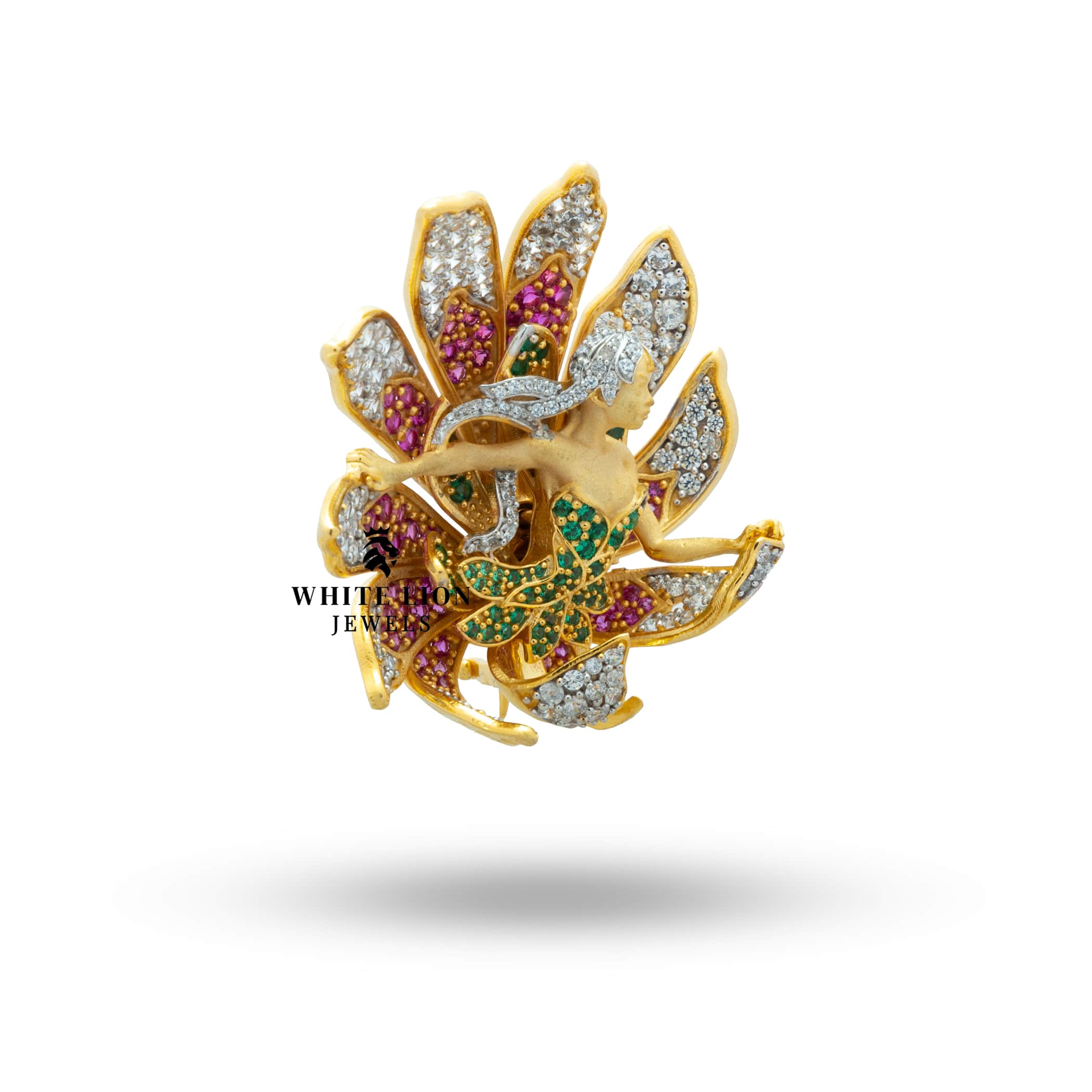 Gold plated floral brooch with cubic zirconia stones, ideal for elegant styling in traditional attire.