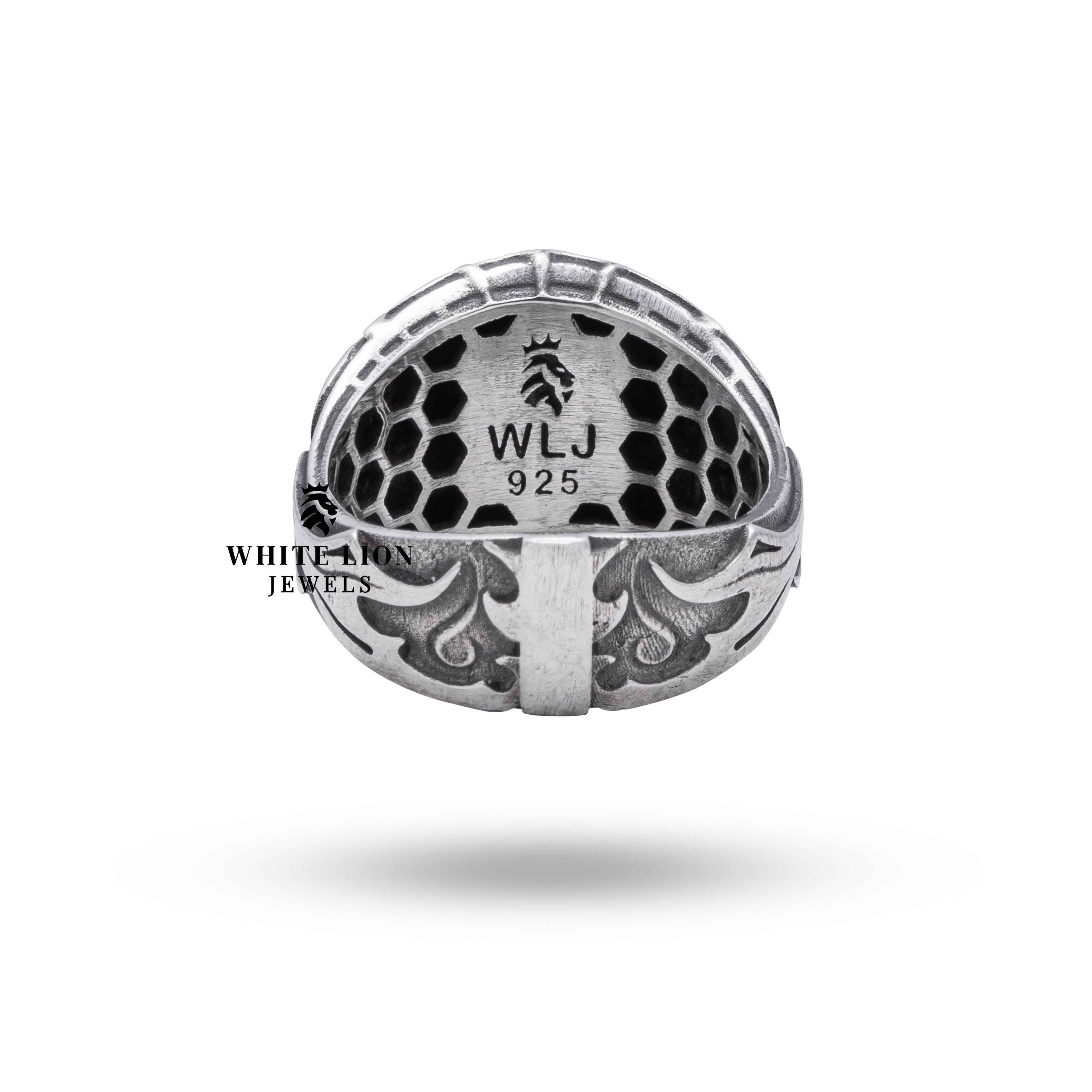 View of Half Jaw Fire Skull Ring on hand, displaying its bold silver style and detailed design.