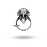 Side angle of Bird Gothic Skull with flower design in oxidized silver, showcasing intricate craftsmanship of the ring.