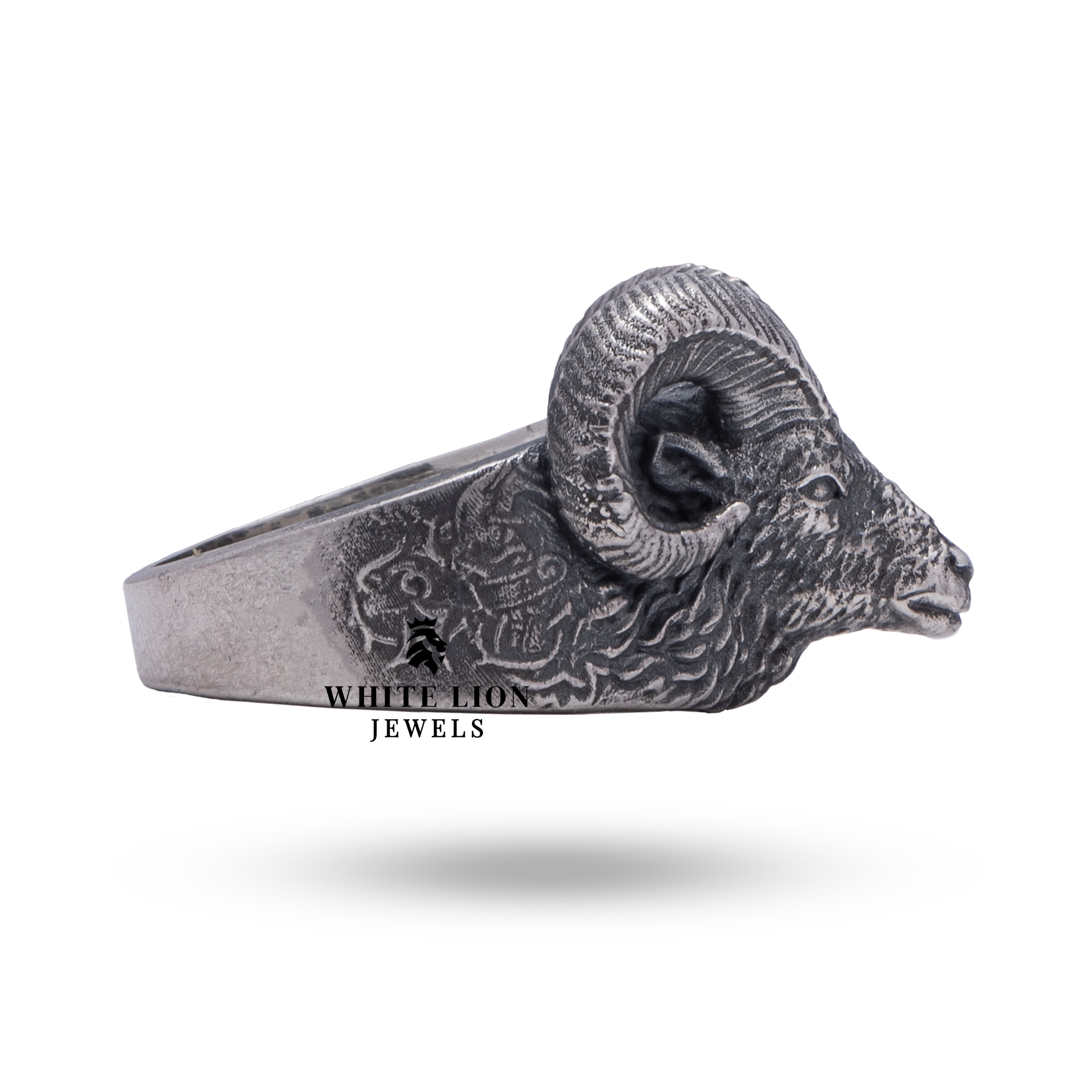 Oxidized silver finish on Aries zodiac symbol ring