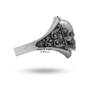 Detail view of intricate flower and skull filigree on 925 Sterling Silver Ring.