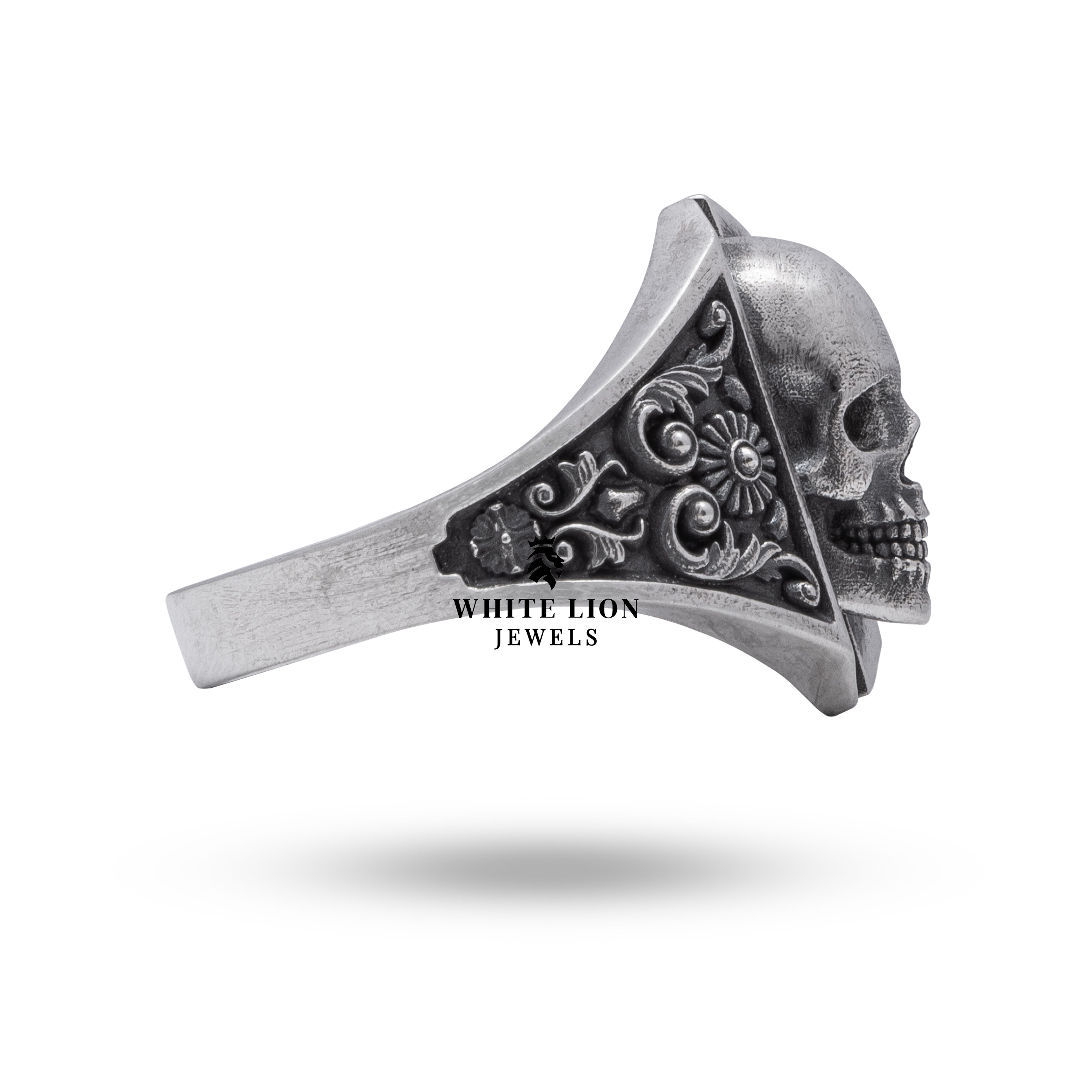 Detail view of intricate flower and skull filigree on 925 Sterling Silver Ring.