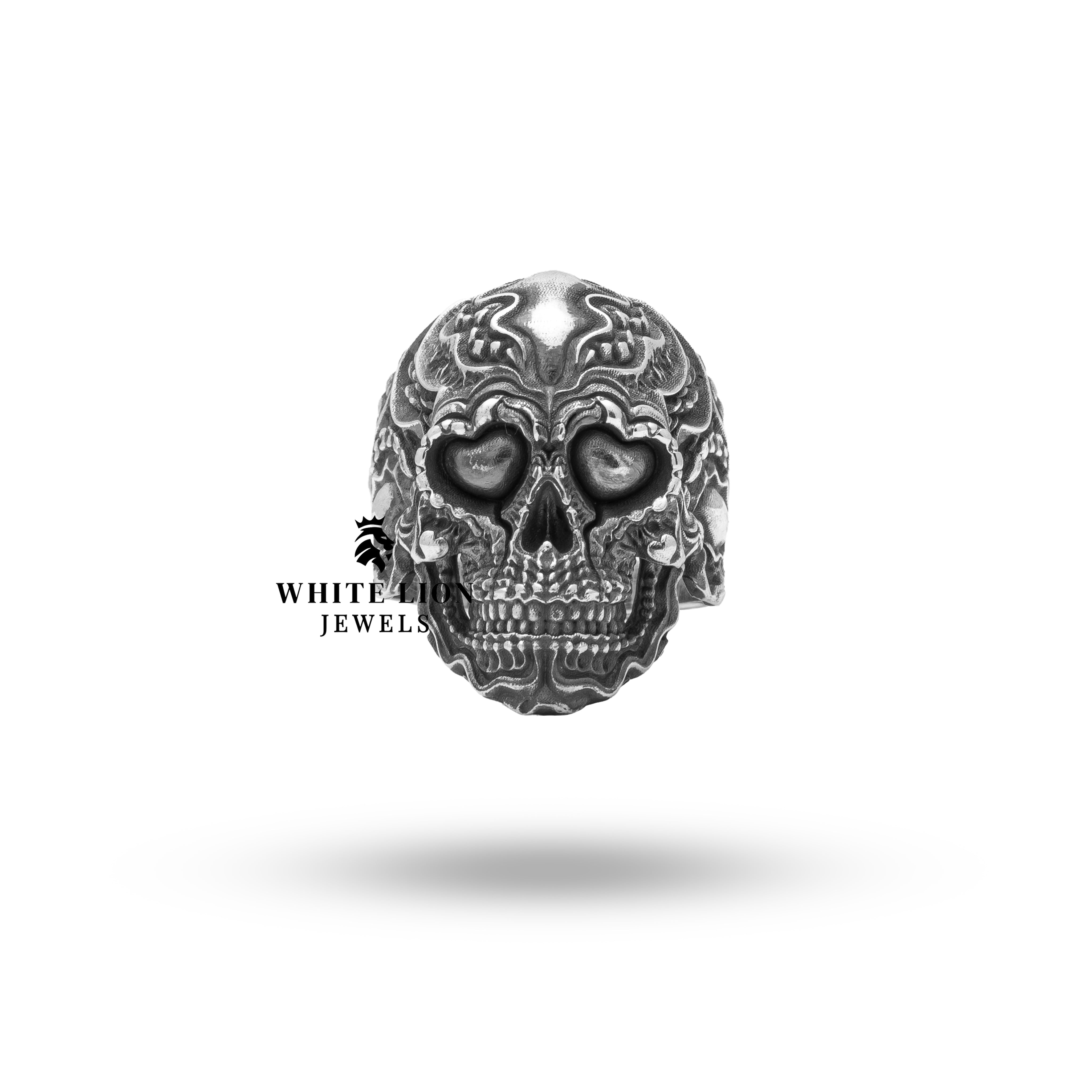 Side angle of Biomechanical Gothic Skull of Love Heart Sterling Silver Ring showing detailed design