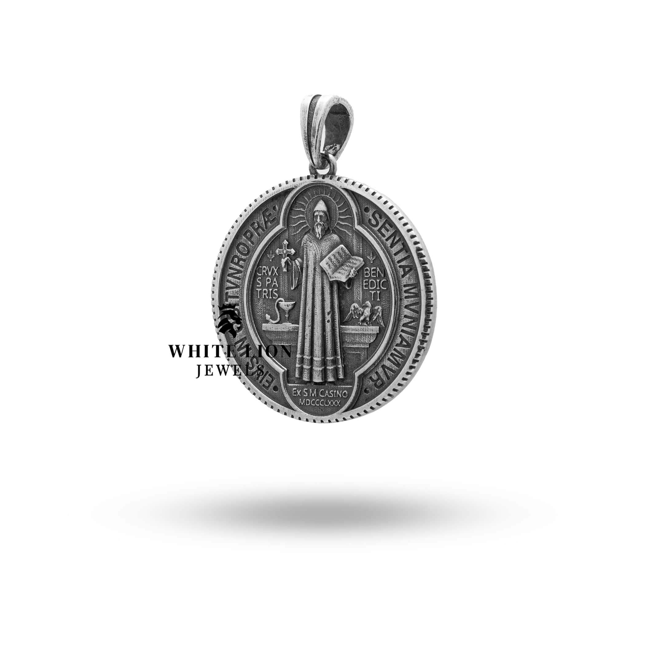 Side profile of Saint Benedict Catholic Medallion Pendant in 925 oxidized silver