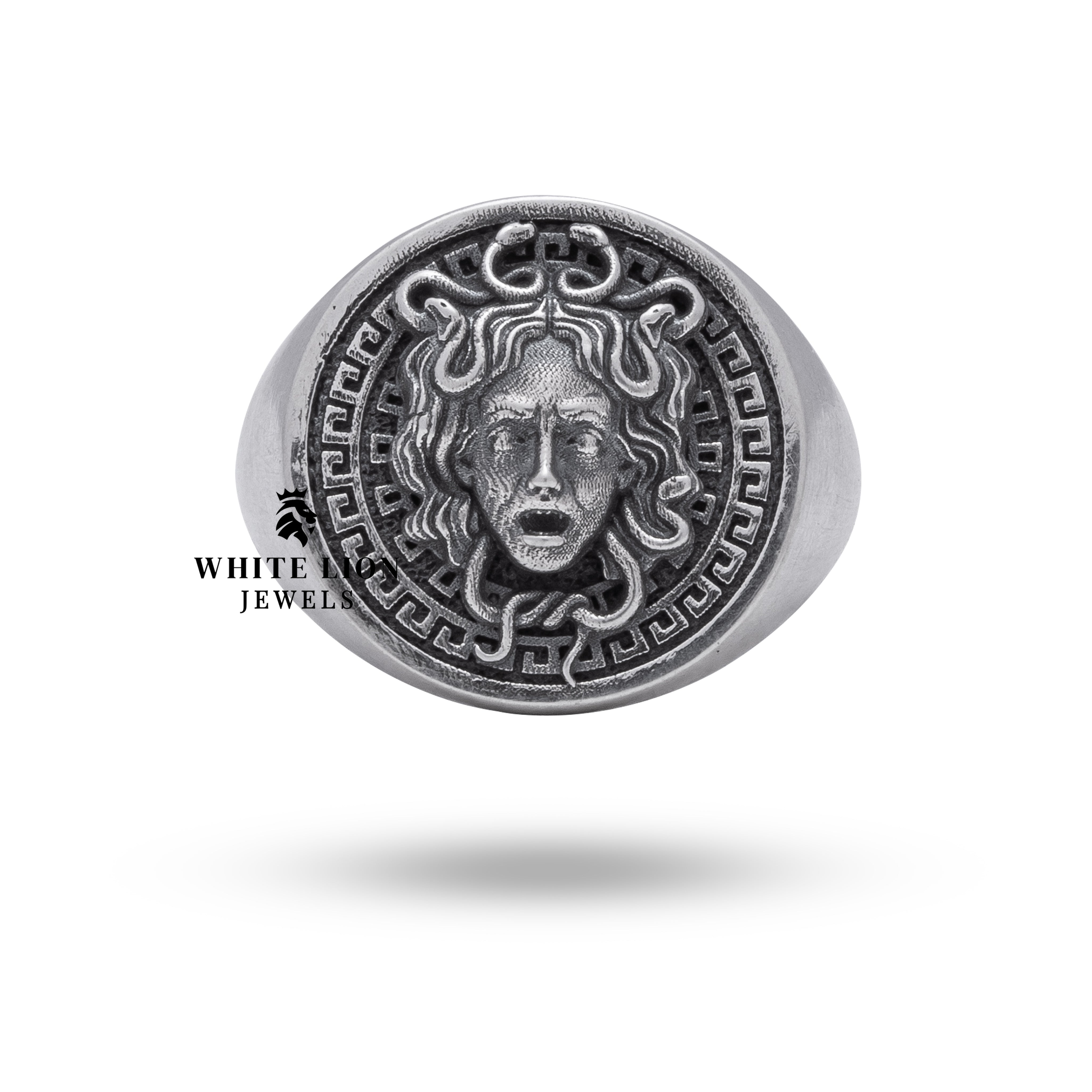 Detailed handcrafted Medusa Gorgon Snakes Sterling Silver Ring with round shape