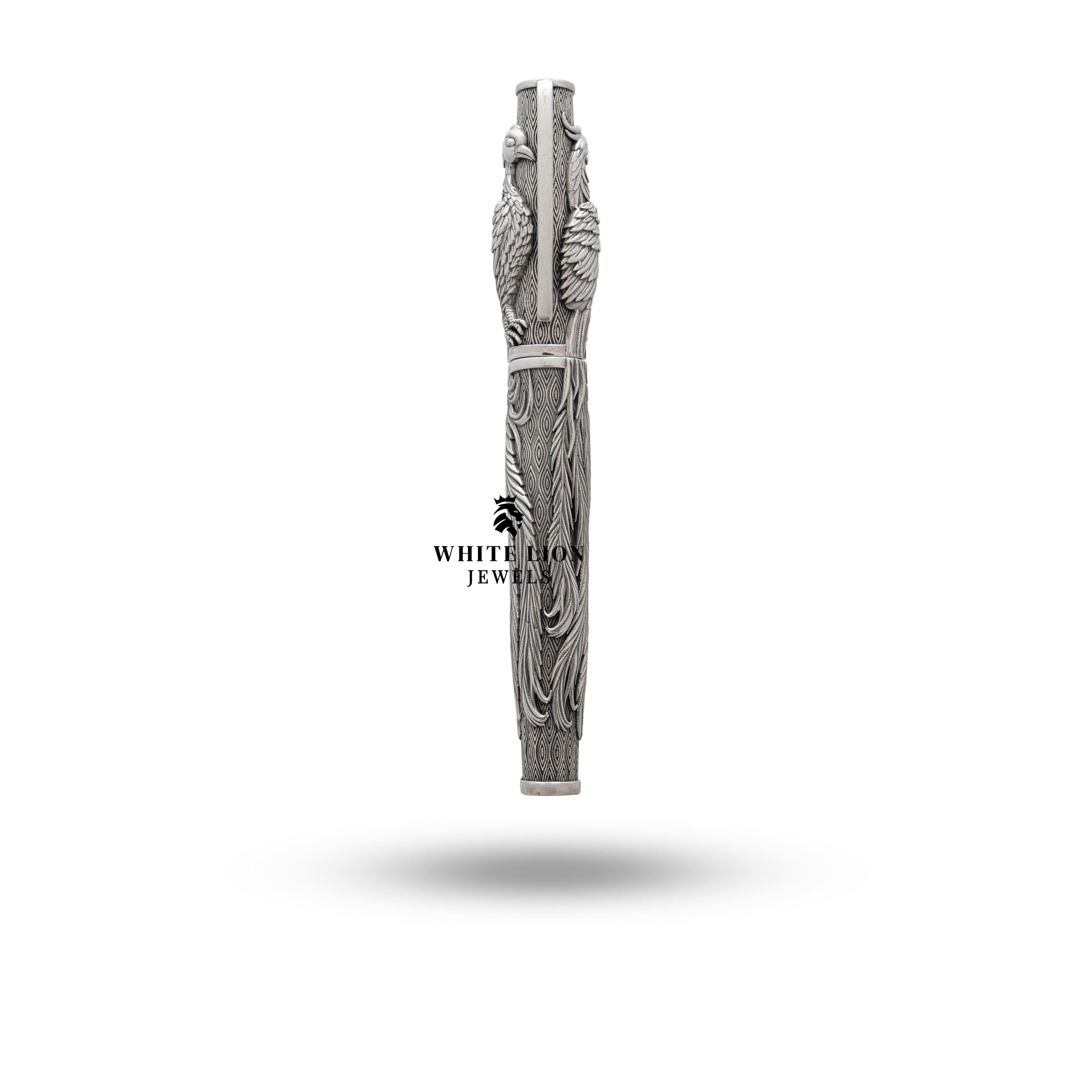 Oxidized silver finish of the Phoenix Fire Bird Fountain Pen on display.