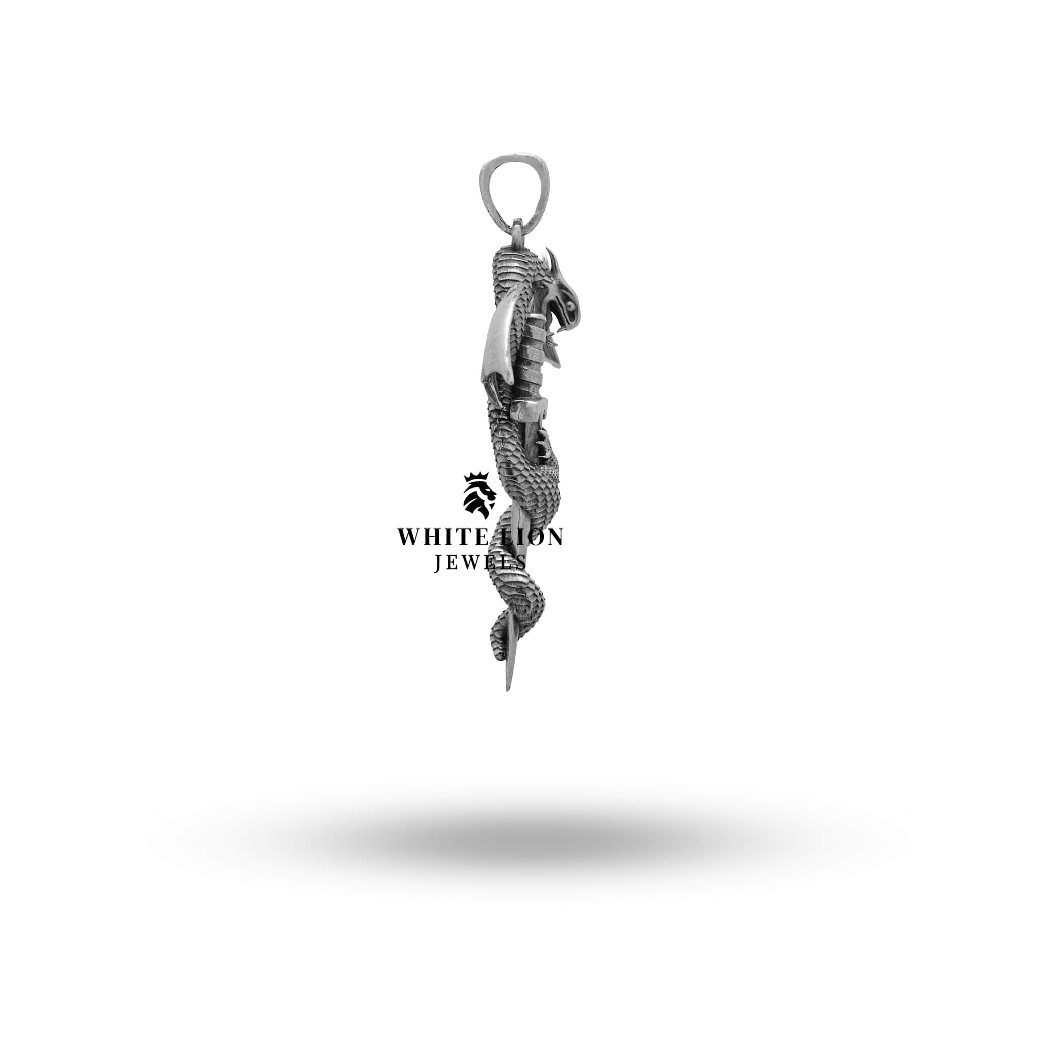 Unique Sterling Silver Jewelry Piece with Dragon and Sword Motif