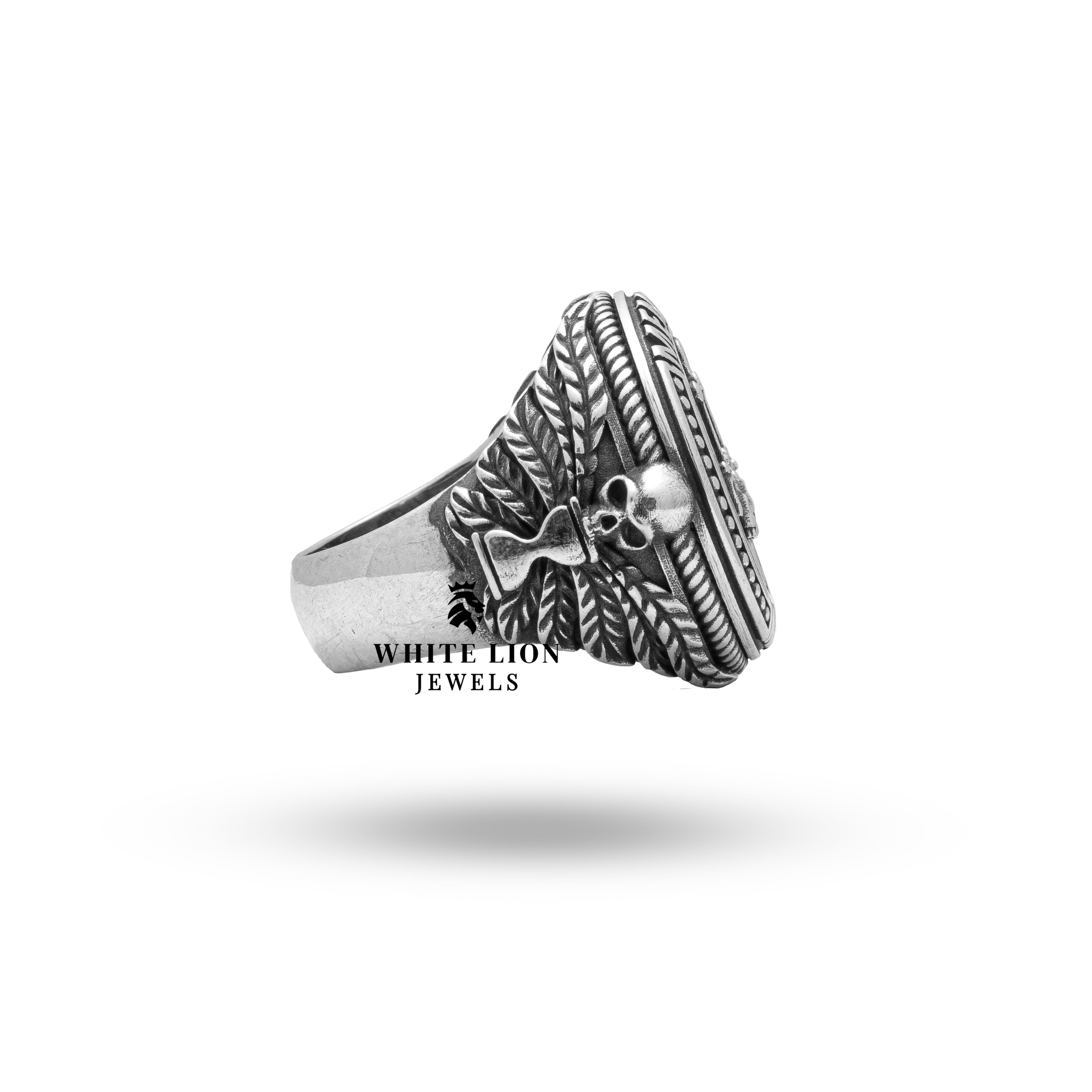 Libra Zodiac Skull Ring in Oxidized Silver by White Lion Jewels