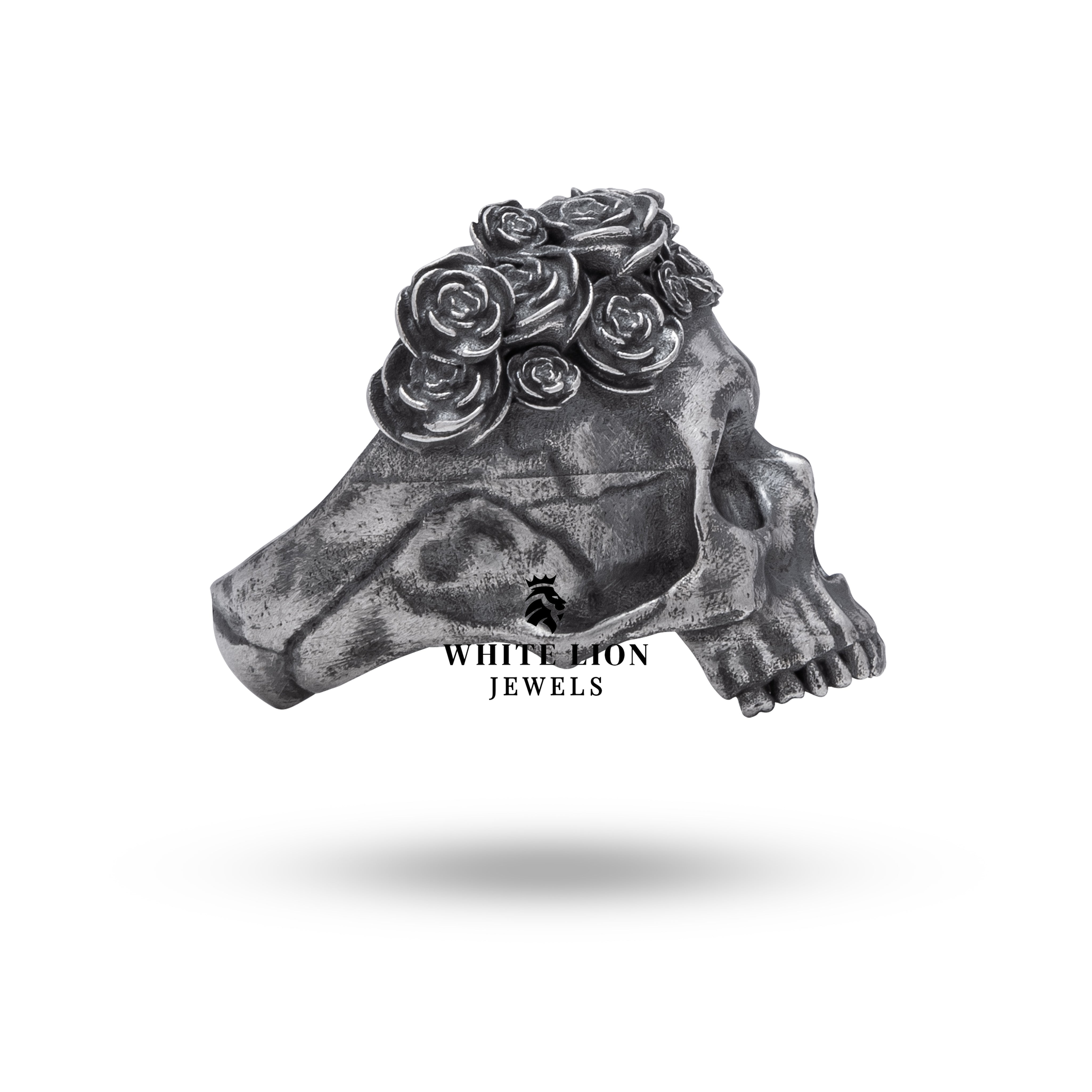 Side profile of Gothic Half Jaw Roses Skull Ring displaying the elegant craftsmanship