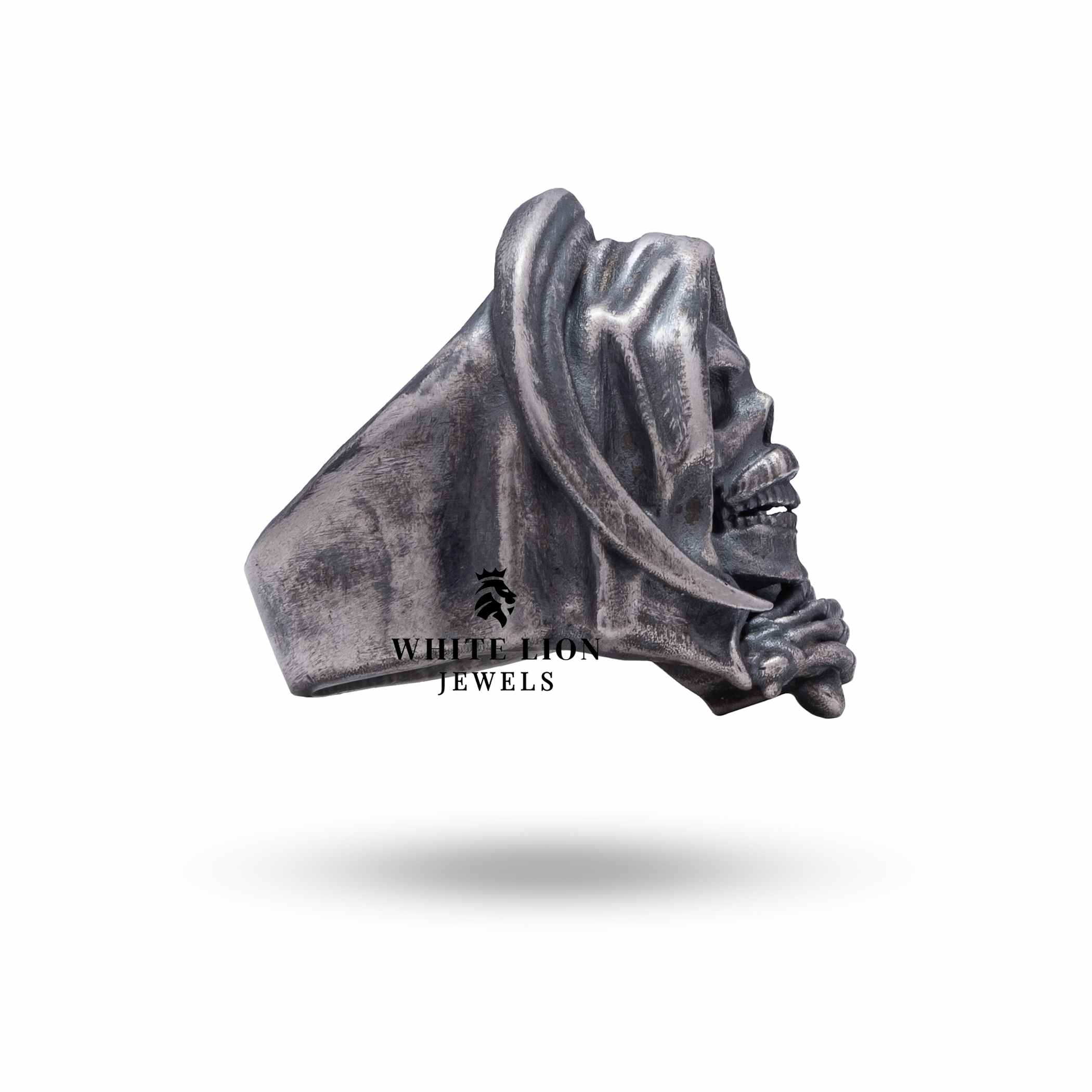 Back view showcasing the intricate design of the Gothic Skull Ring in oxidized silver.