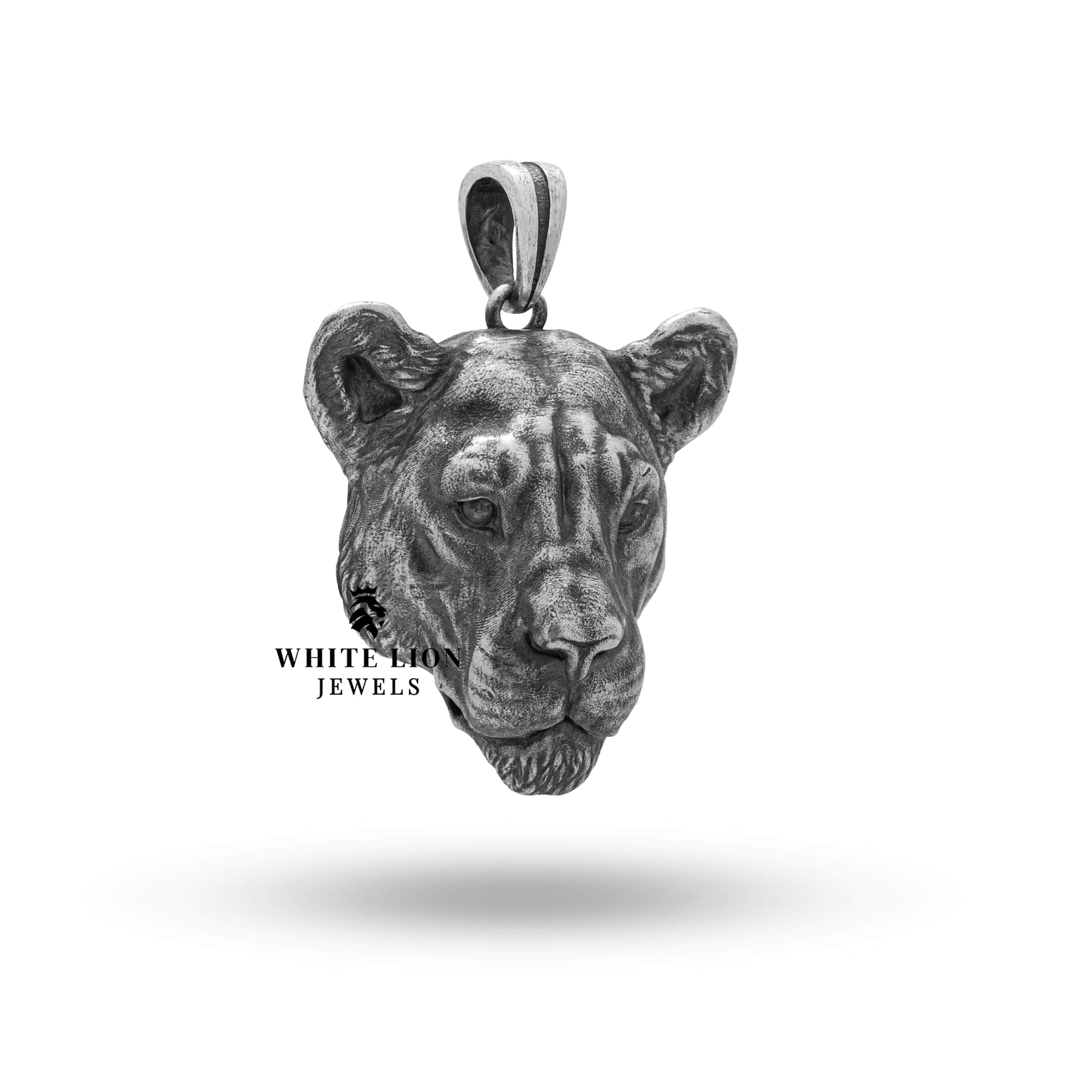 Rear view of Lioness Sterling Silver Pendant, oxidized silver finish