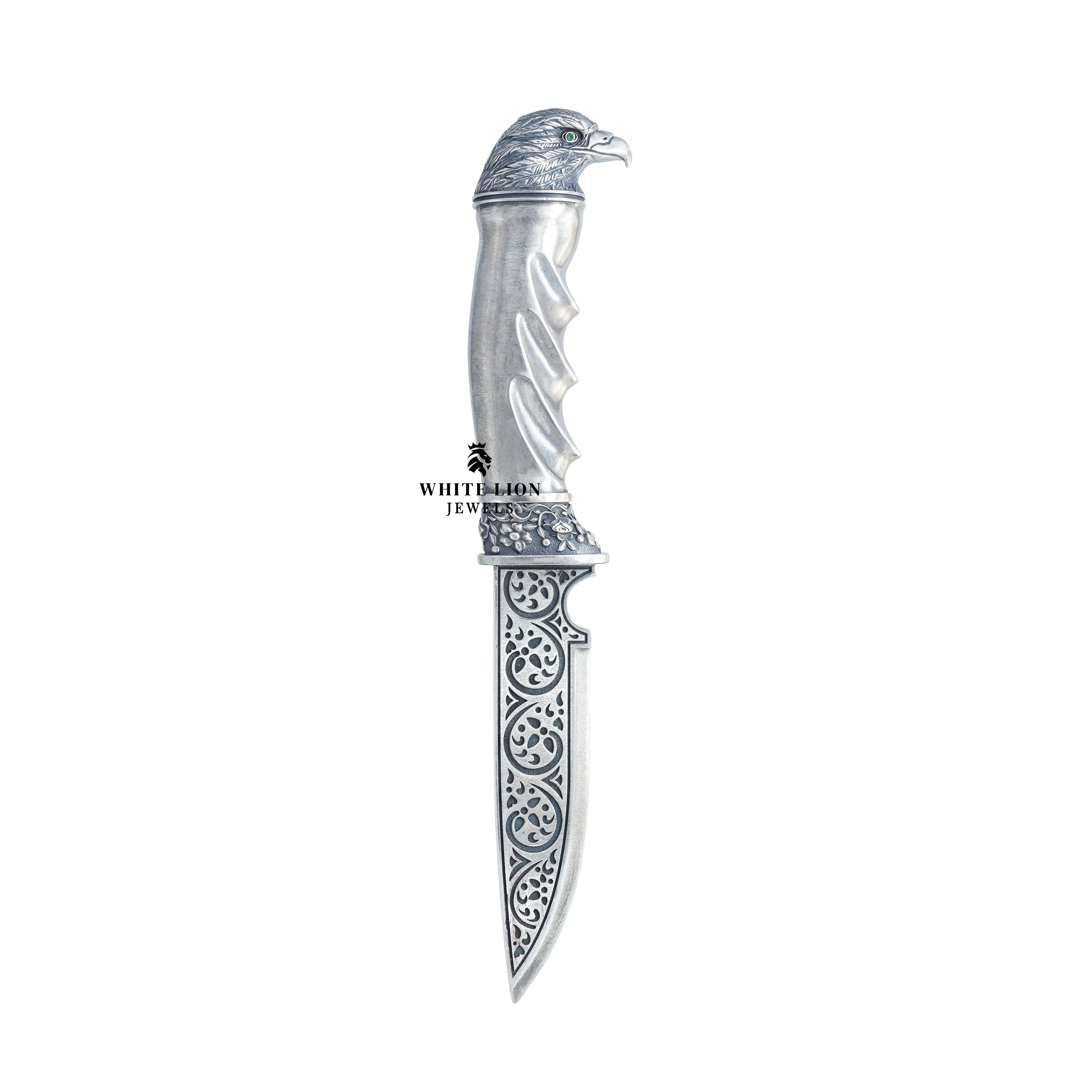Side view of Eagle Katar 925 Sterling Silver Royal Dagger revealing its elegant length and detailed craftsmanship.