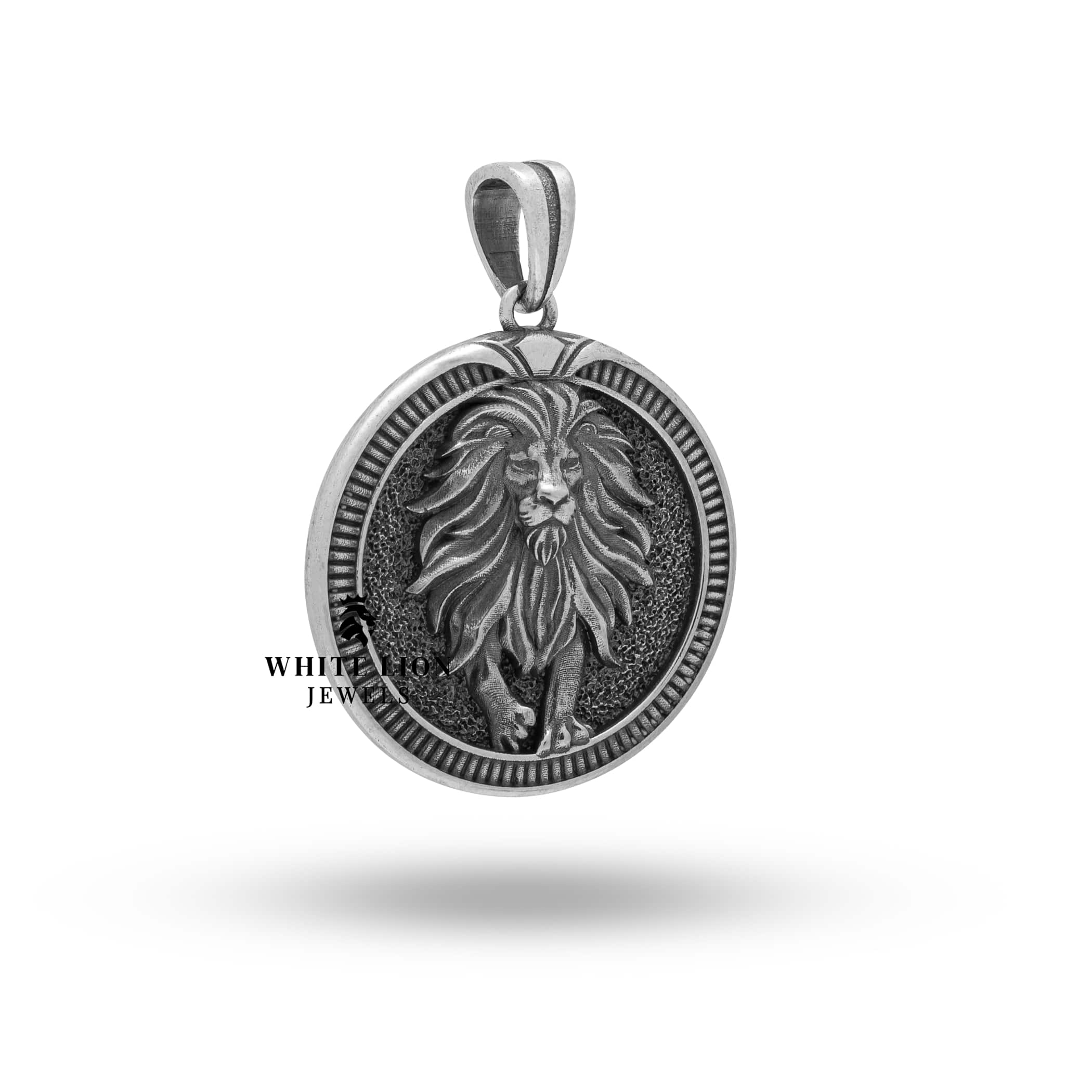 Detailed view of the Leo Lion King pendant in oxidized silver, showcasing craftsmanship.