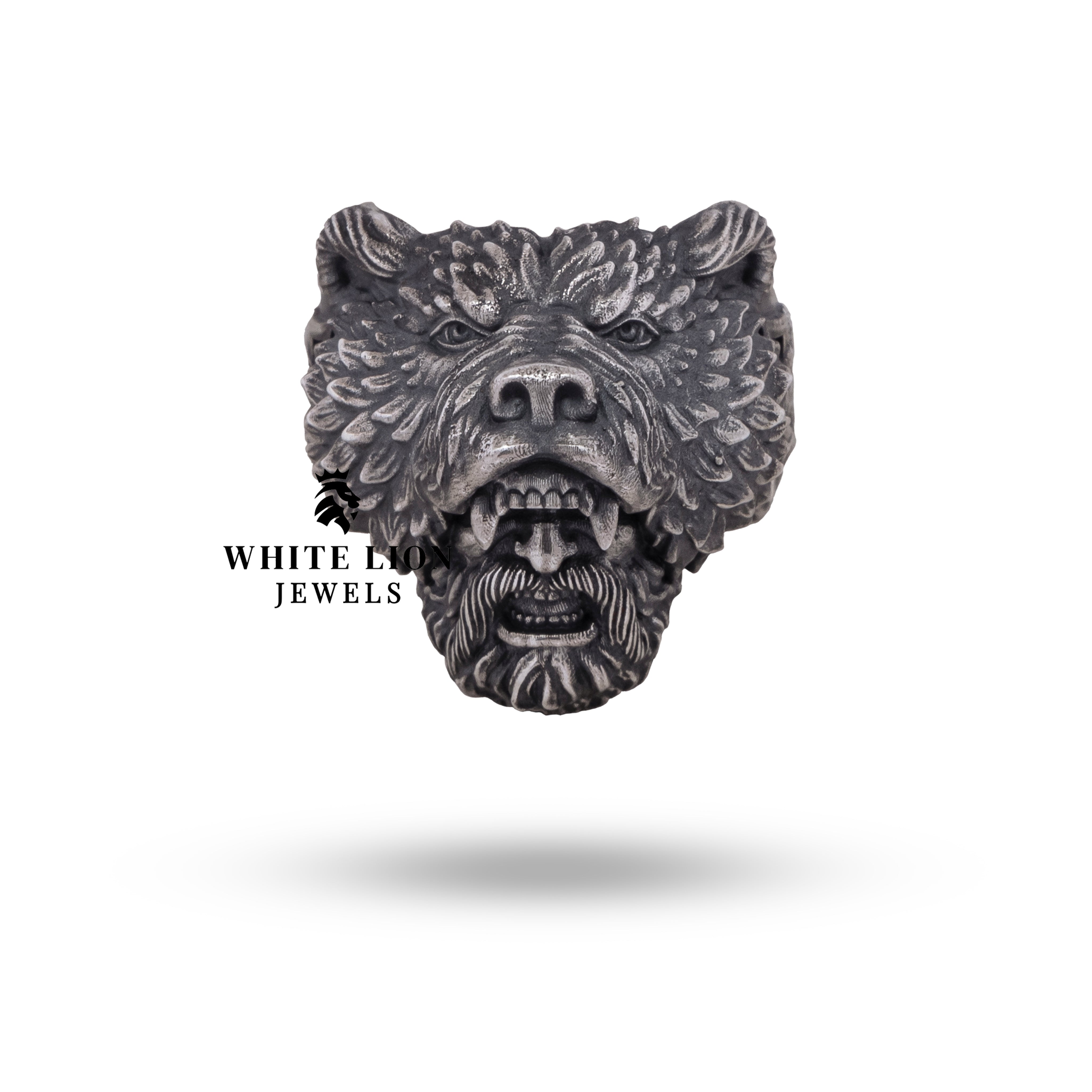 Close-up of Warrior Bear Viking ring, highlighting the oxidized texture and detailed animal motif.