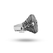 Memento Mori Gothic Skulls Zodiac Gemini Ring worn, showing oxidized silver contrast on hand.