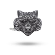 Side view showcasing the intricate design of the wolf head on the 925 Sterling Silver Ring.