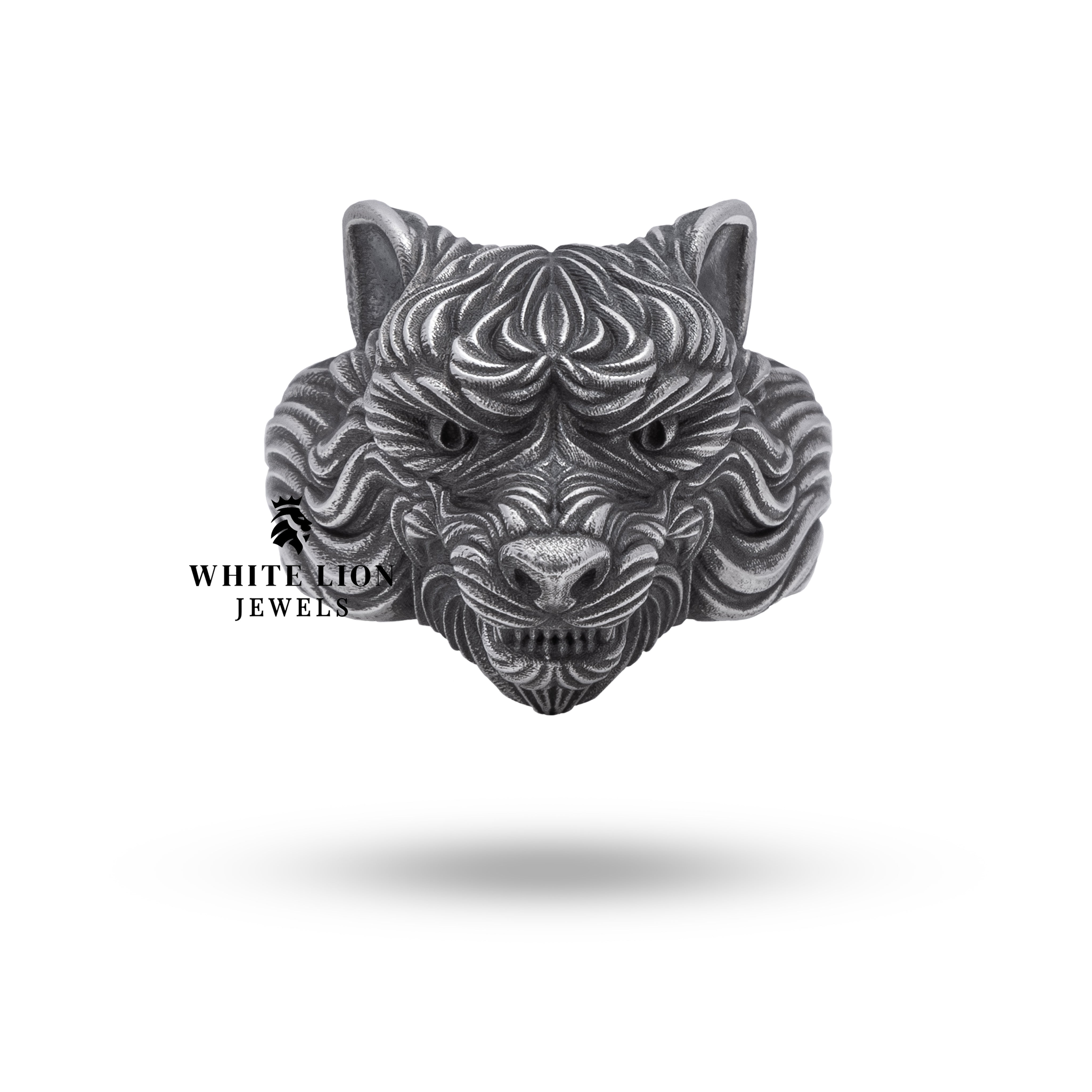 Side view showcasing the intricate design of the wolf head on the 925 Sterling Silver Ring.