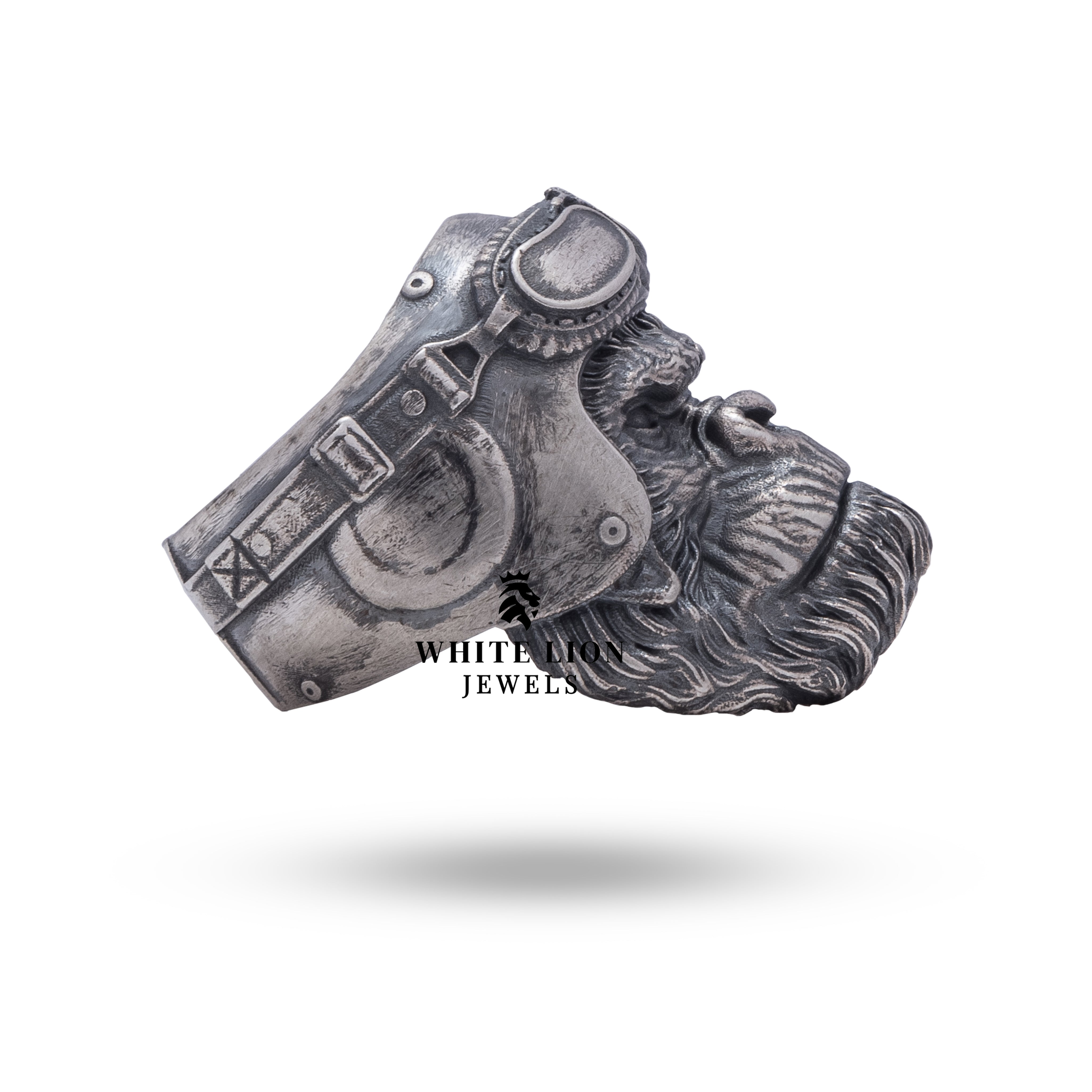 Top view of the Monkey Chimpanzee Ring, illustrating the artistic engravings and oxidized silver finish.