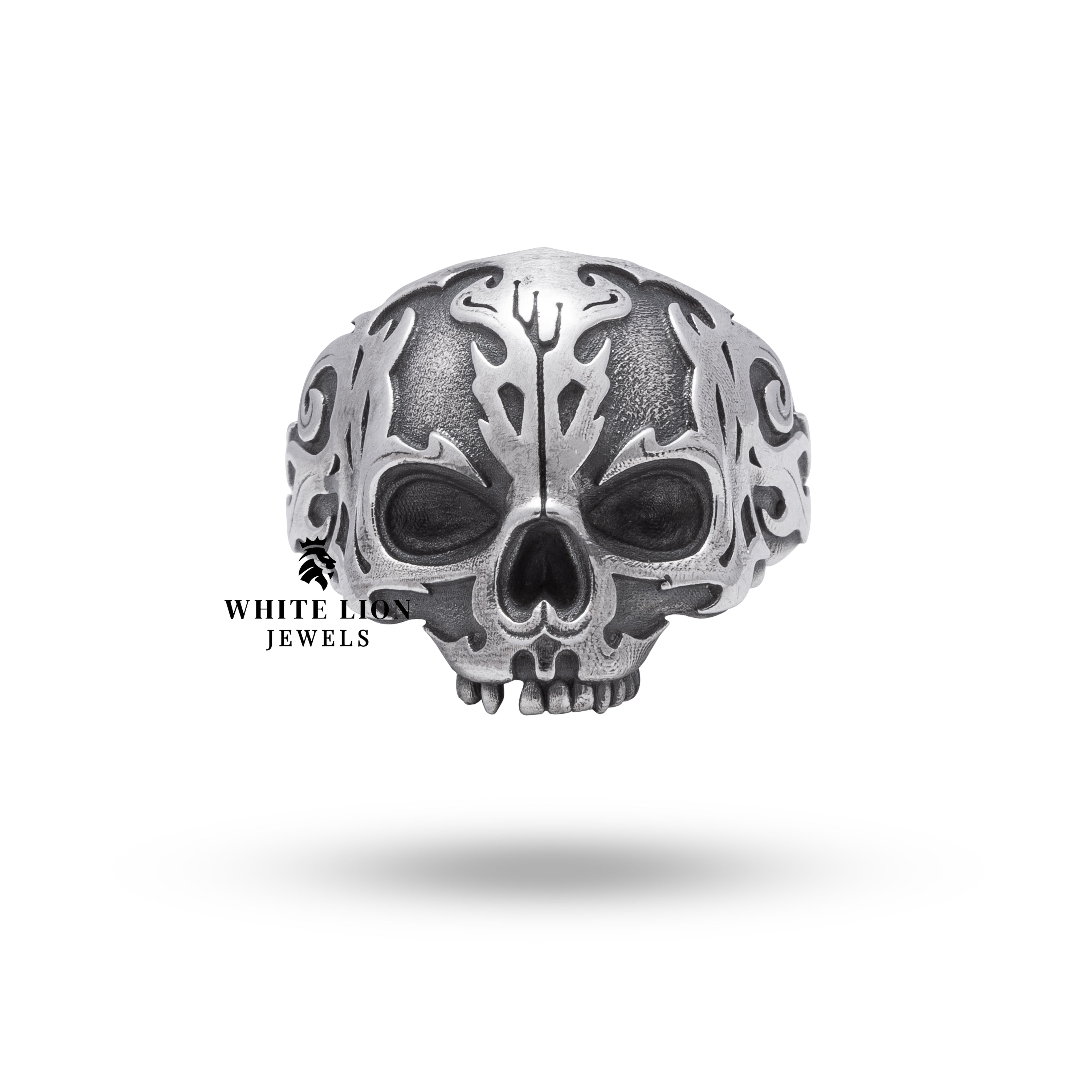 Side perspective of Half Jaw Fire Skull Ring in 925 Sterling Silver with meticulous craftsmanship.