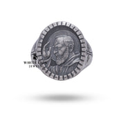 Side view of Catholic Sterling Silver Ring depicting Saint Padre Pio, Handcrafted Design