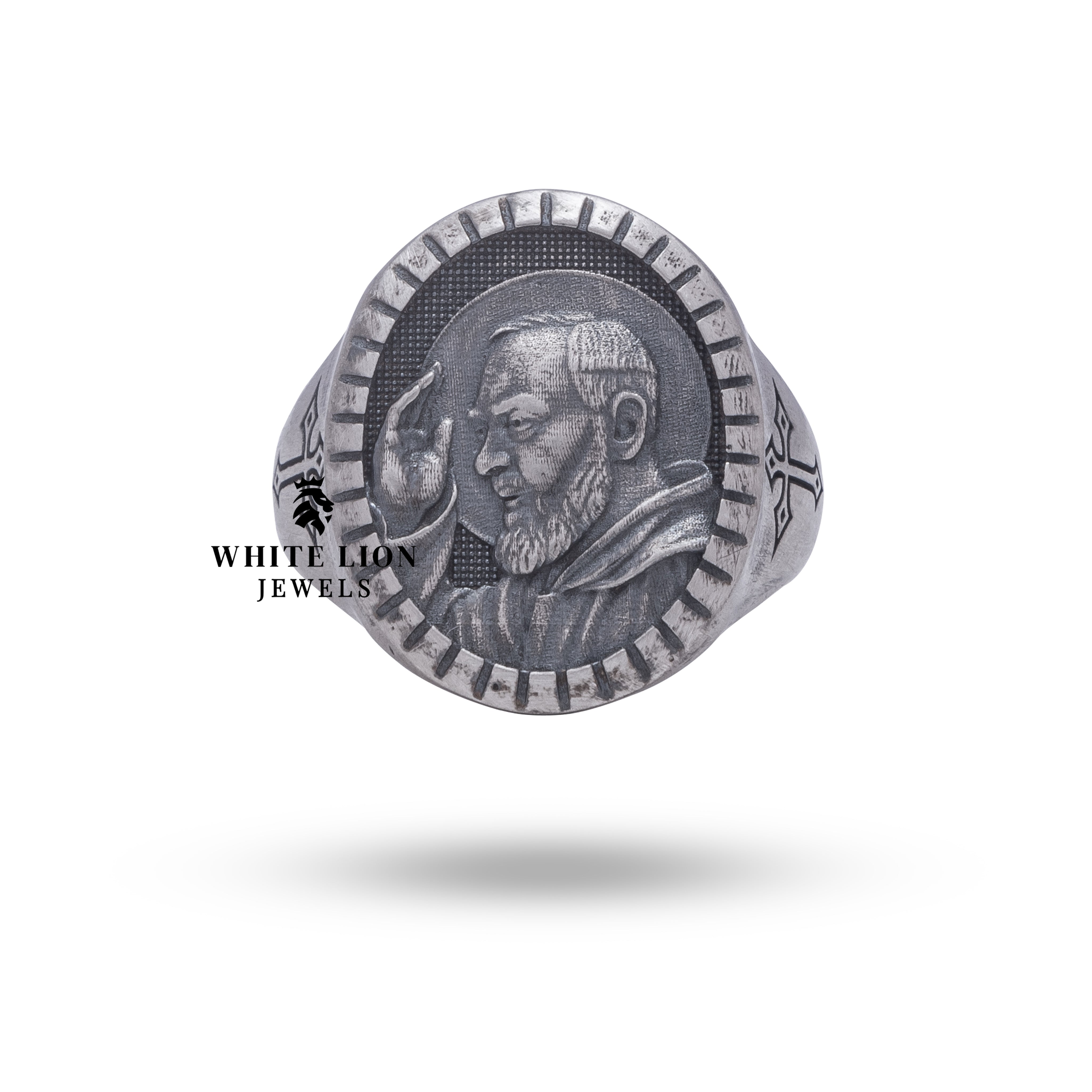 Side view of Catholic Sterling Silver Ring depicting Saint Padre Pio, Handcrafted Design