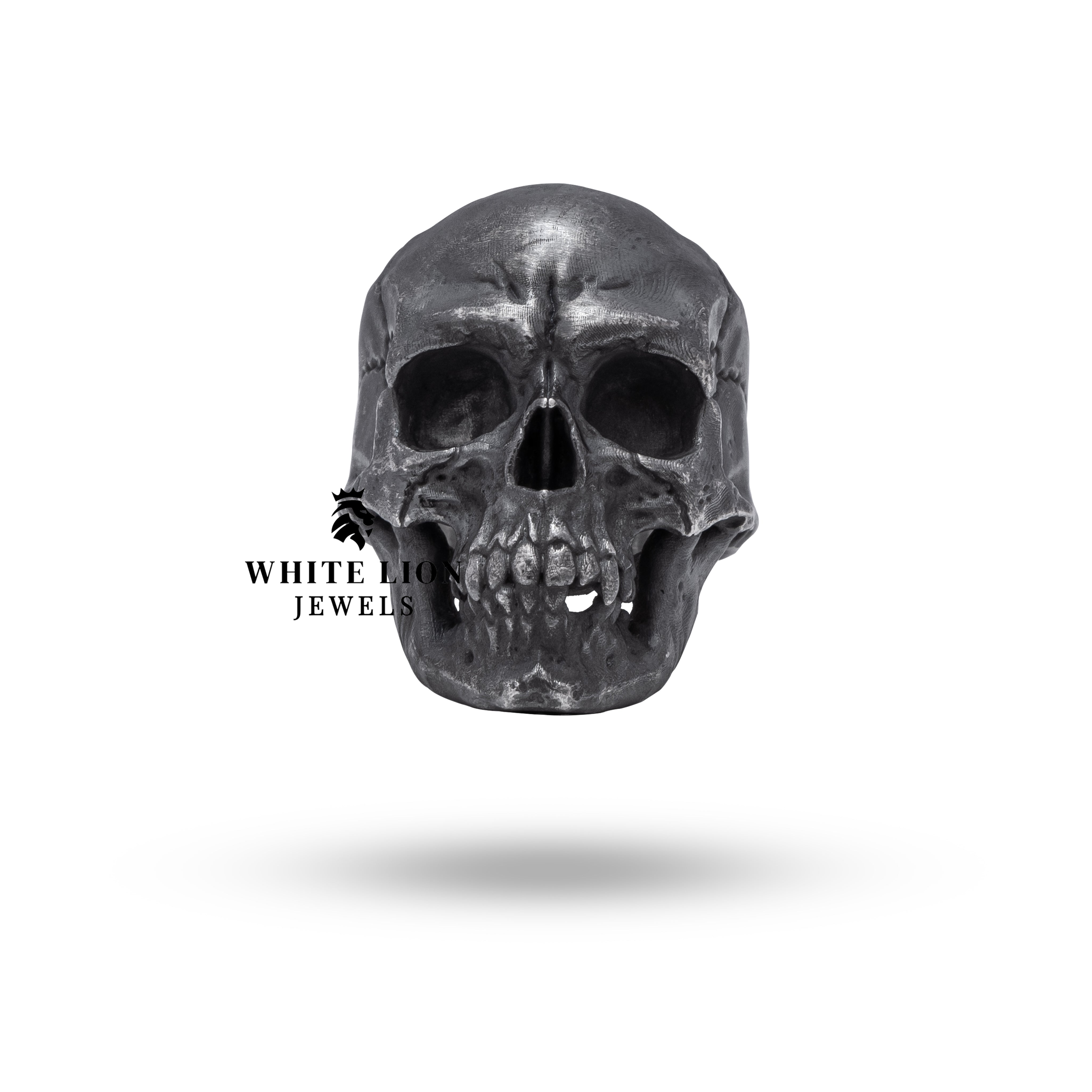 Front view of Close Jaw Gothic Crack Skull Ring, showcasing bold skull motif in oxidized sterling silver.