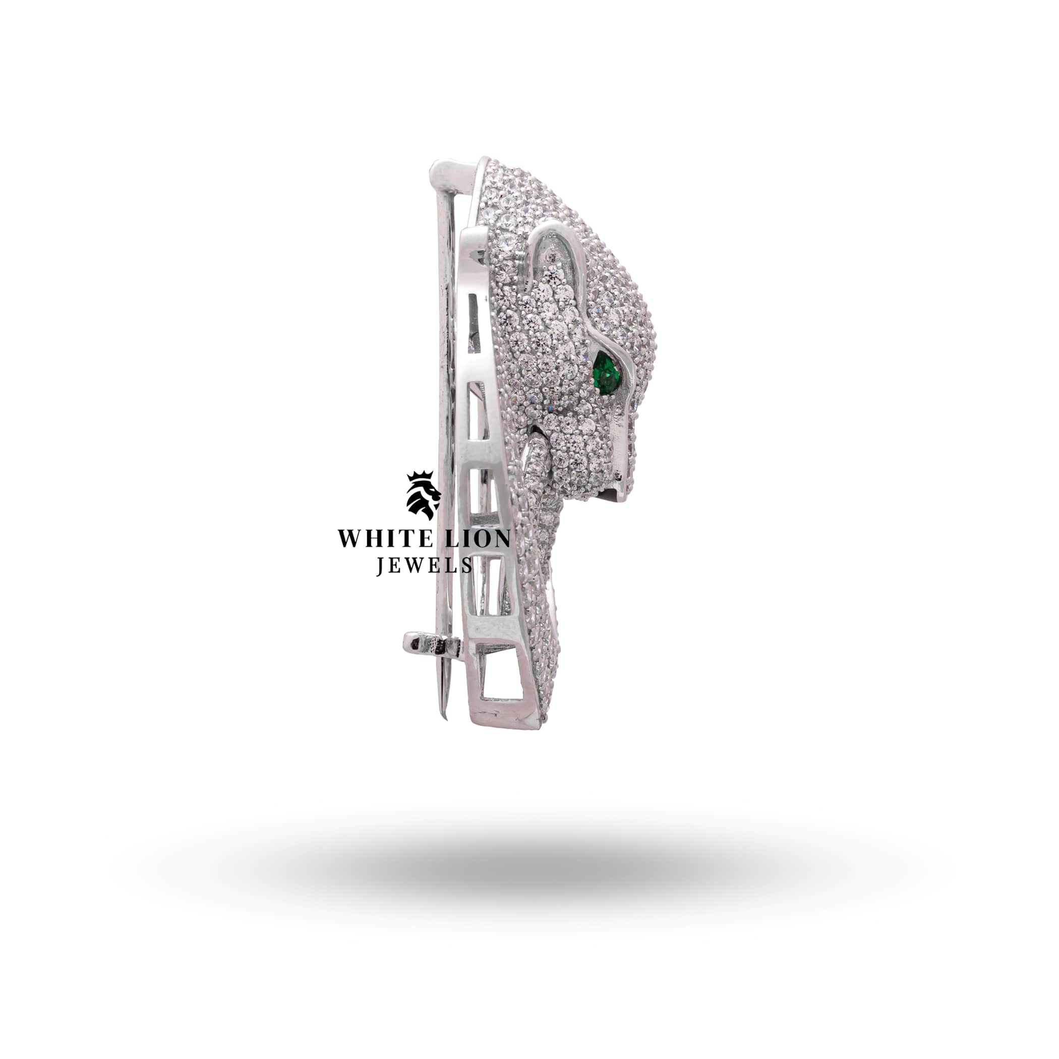 Luxury Silver Brooch featuring sparkling Cubic Zirconia and sculptured jaguar motif from White Lion Jewels.