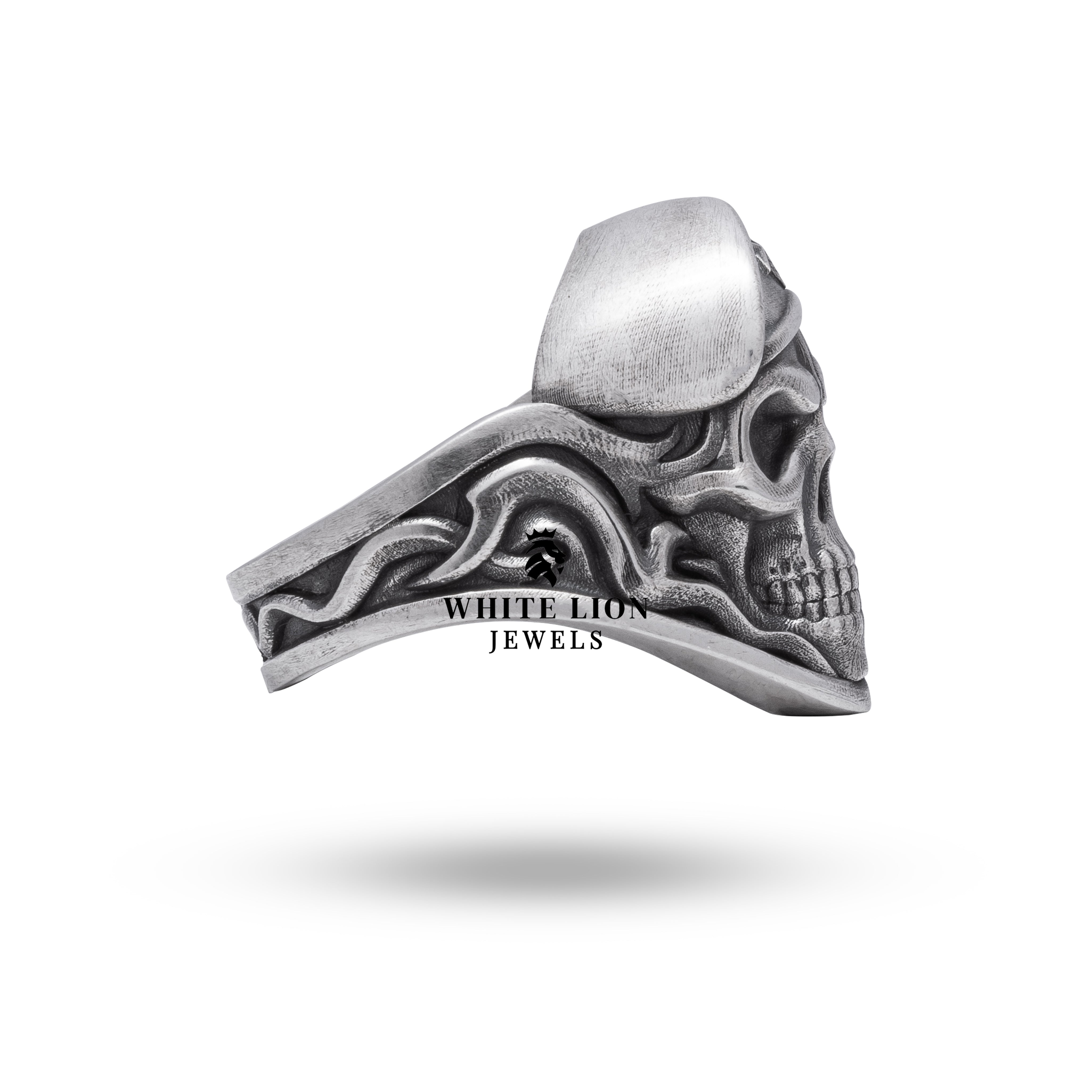 Soldier Fighter Warrior Gothic Skull Ring worn on hand illustrating its bold, gothic appeal.